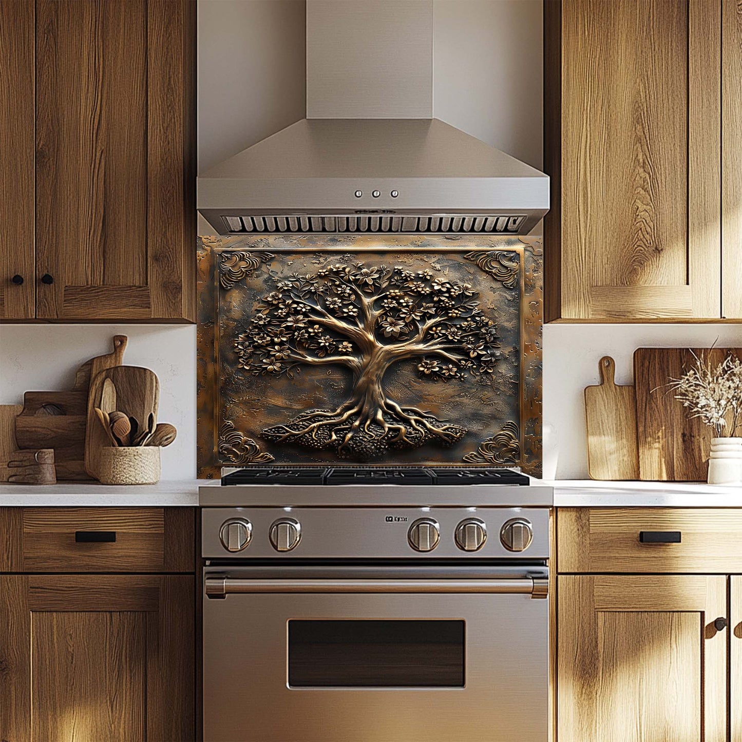 Stainless steel oven with decorative tree design glass backsplash in a kitchen setting