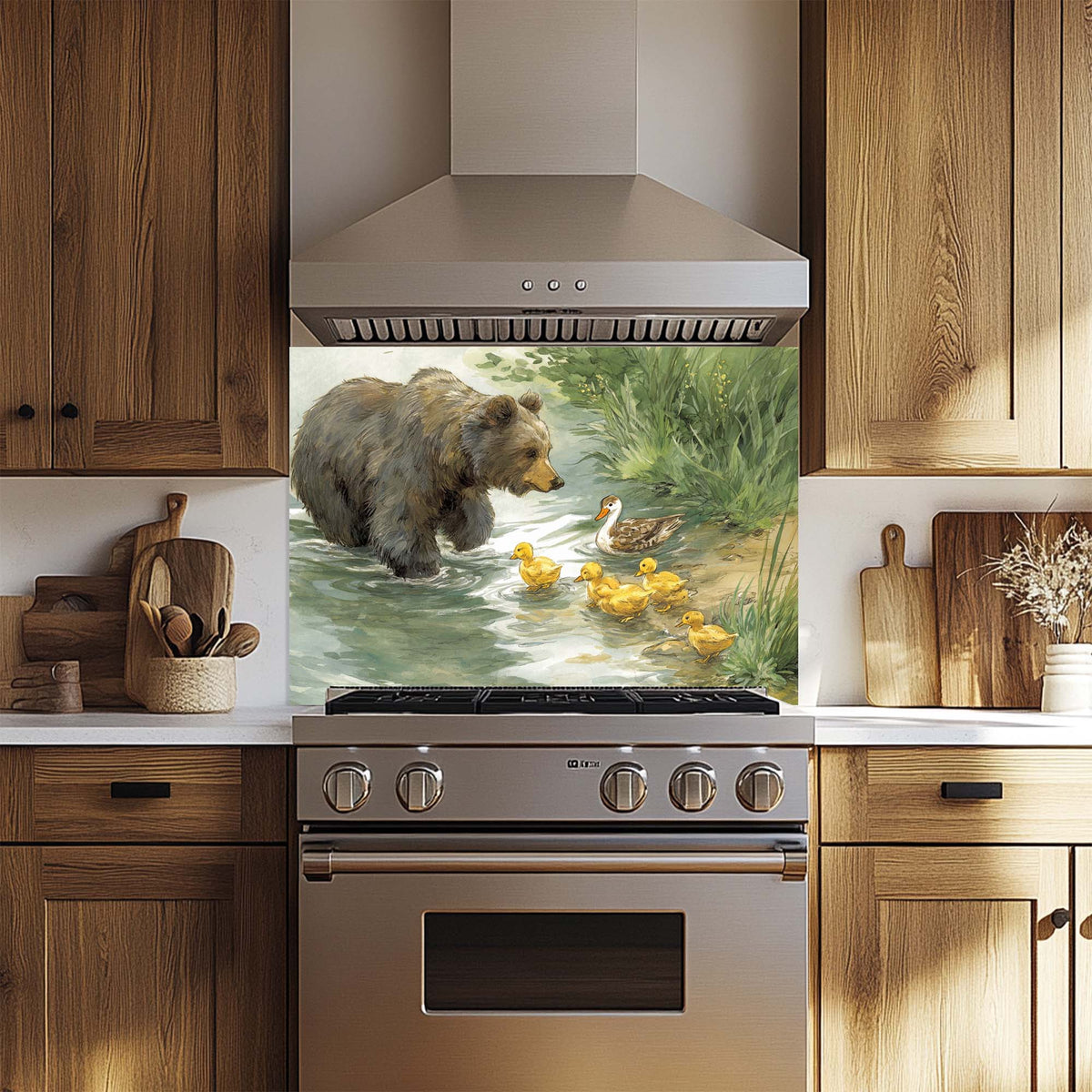 Stainless steel oven with a decorative glass backsplash featuring a bear and ducklings in a natural setting.