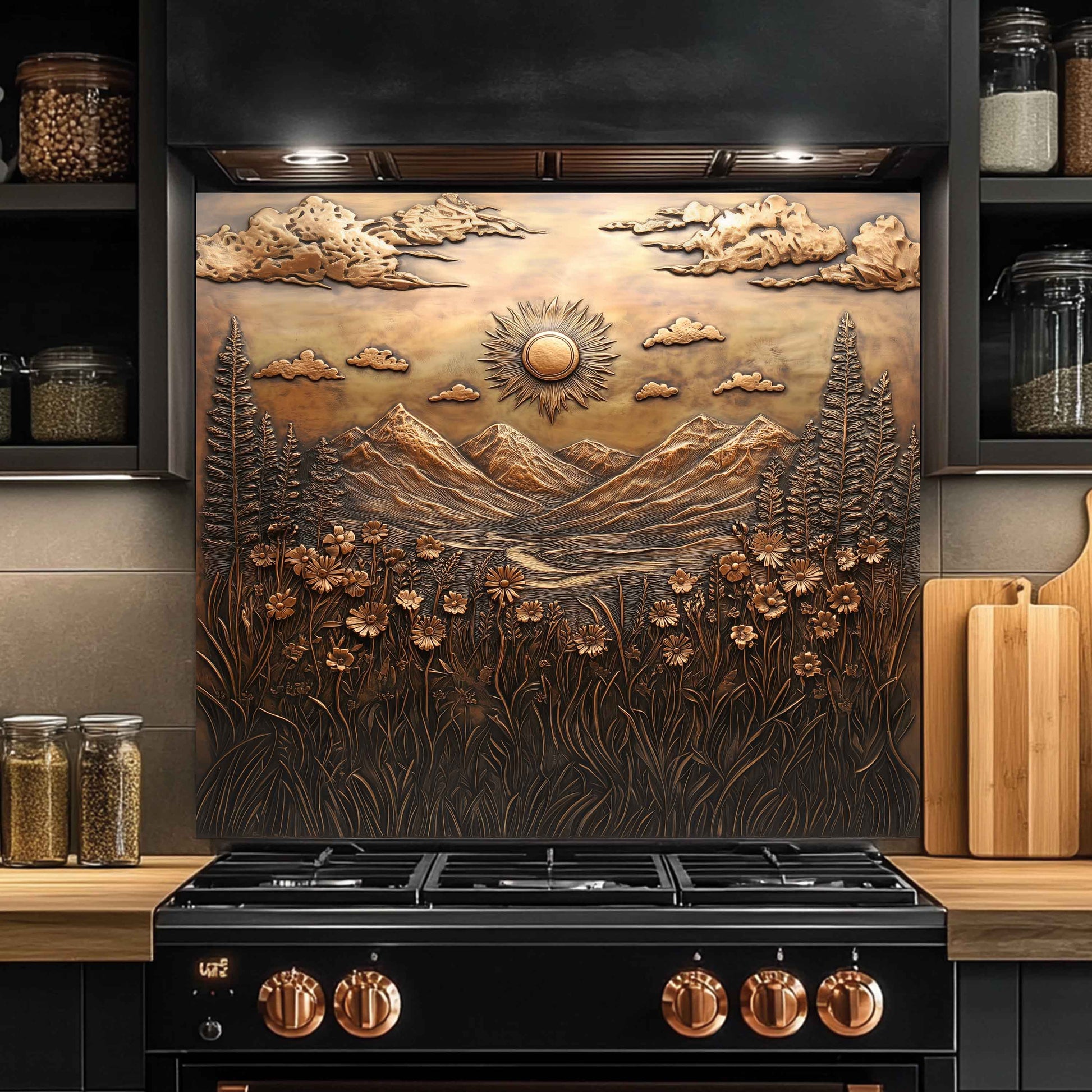 Decorative backsplash with mountain and sun design above a black stove in a kitchen.