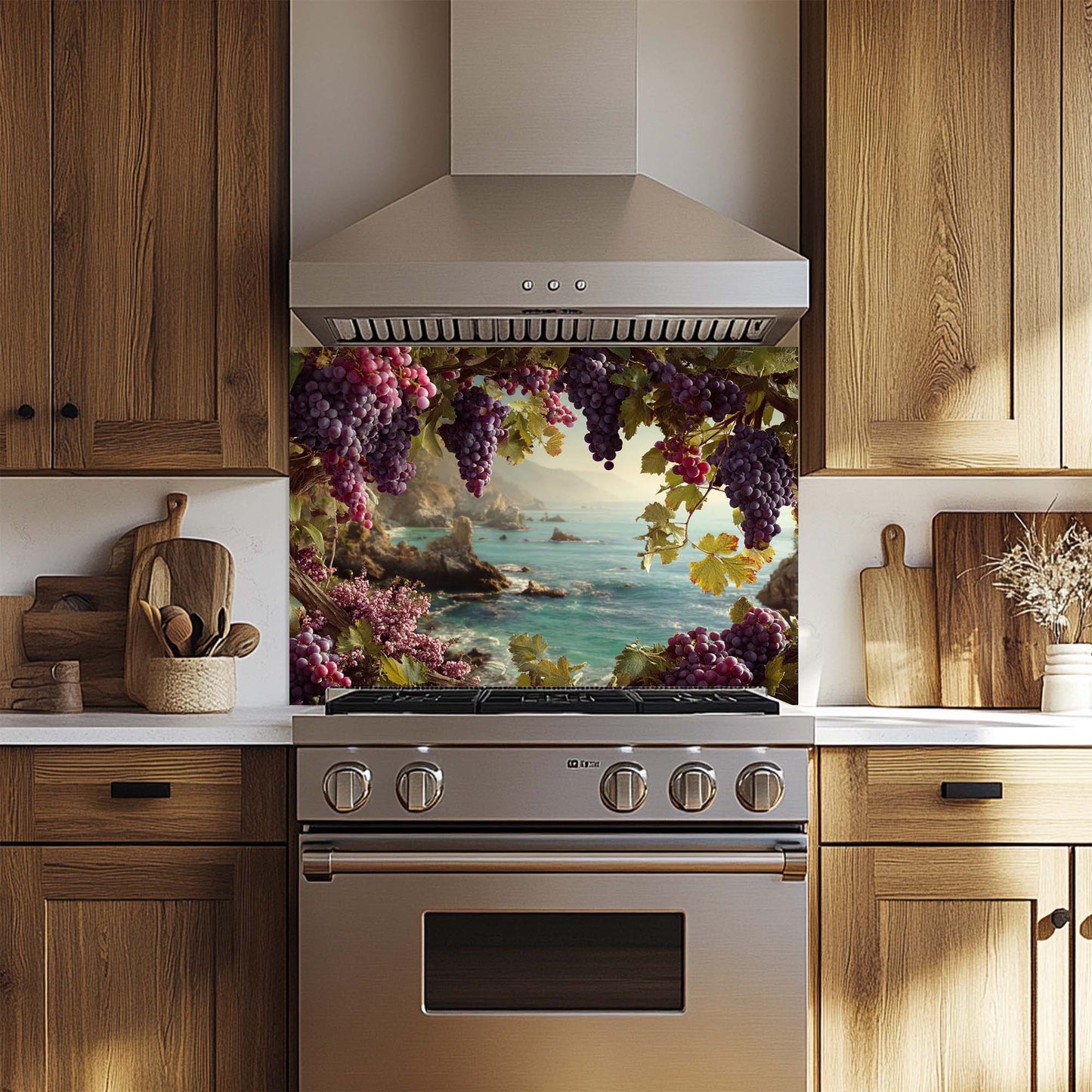 Mediterranean grapevine tempered glass backsplash with ocean view. Elegant stove panel for rustic or vineyard-style kitchens. Heat and stain-resistant.