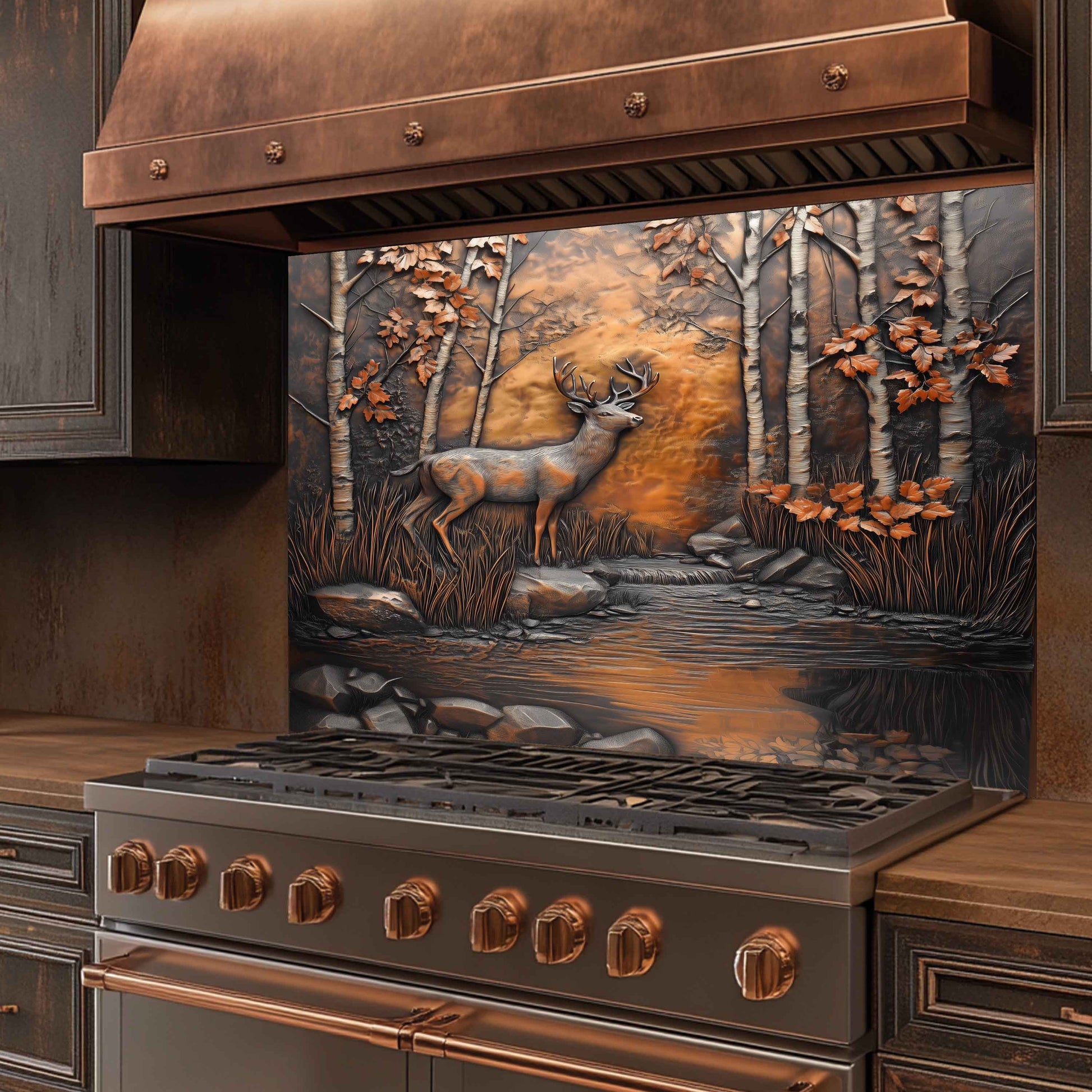 Stainless steel stove with decorative backsplash featuring a deer in a forest scene.