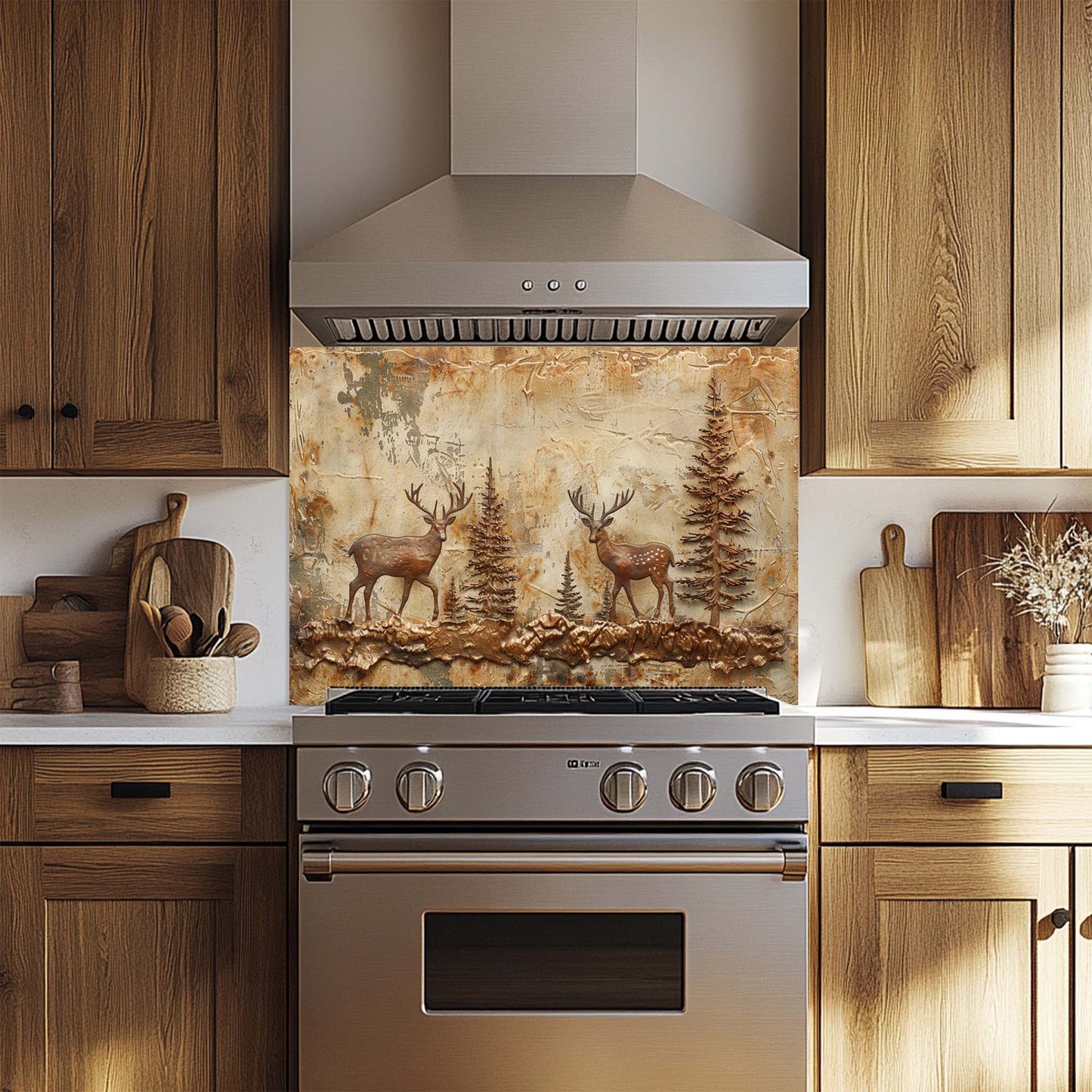 Rustic kitchen glass backsplash with two copper deer in forest. Durable tempered glass, heat-resistant & custom-sized.