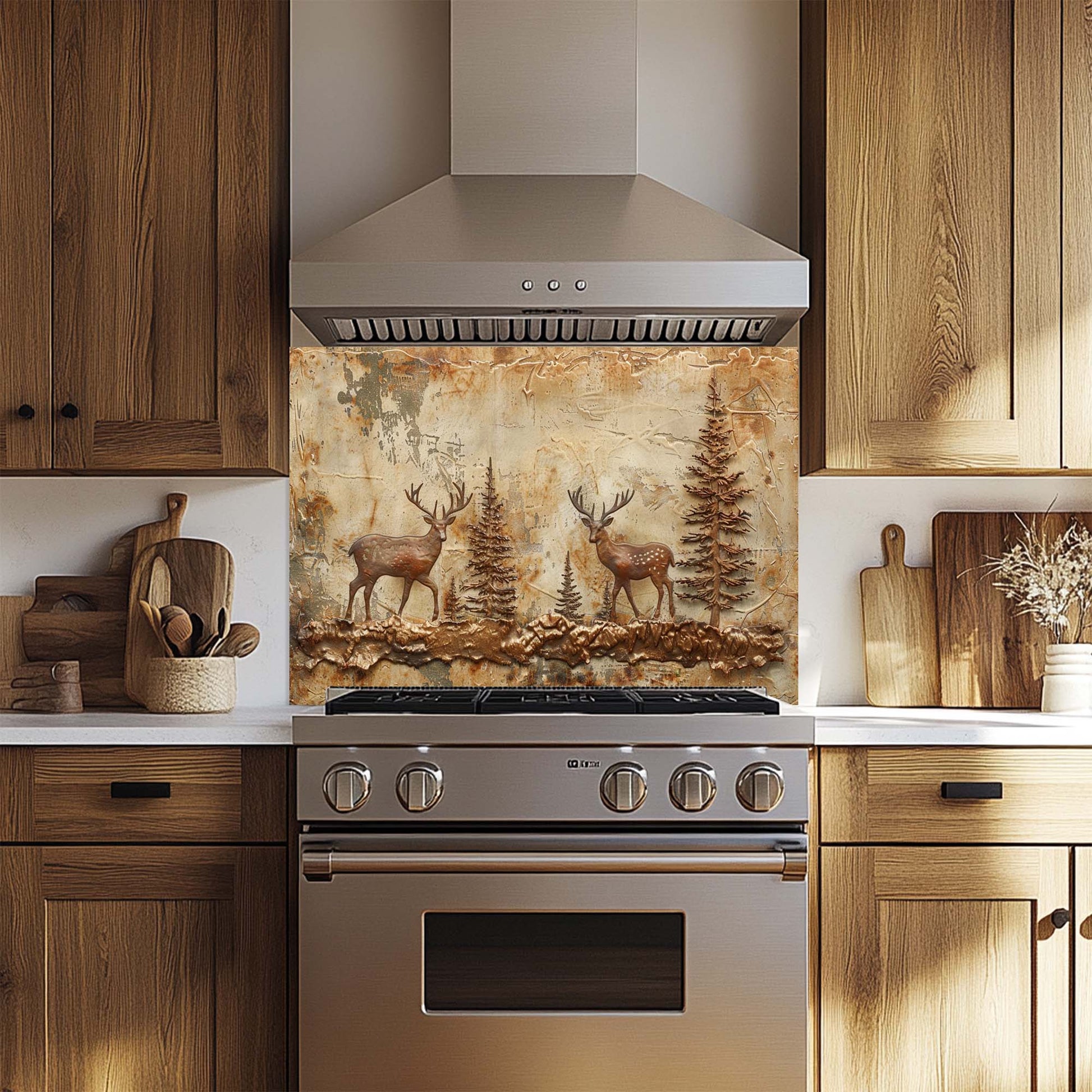 Rustic kitchen glass backsplash with two copper deer in forest. Durable tempered glass, heat-resistant & custom-sized.