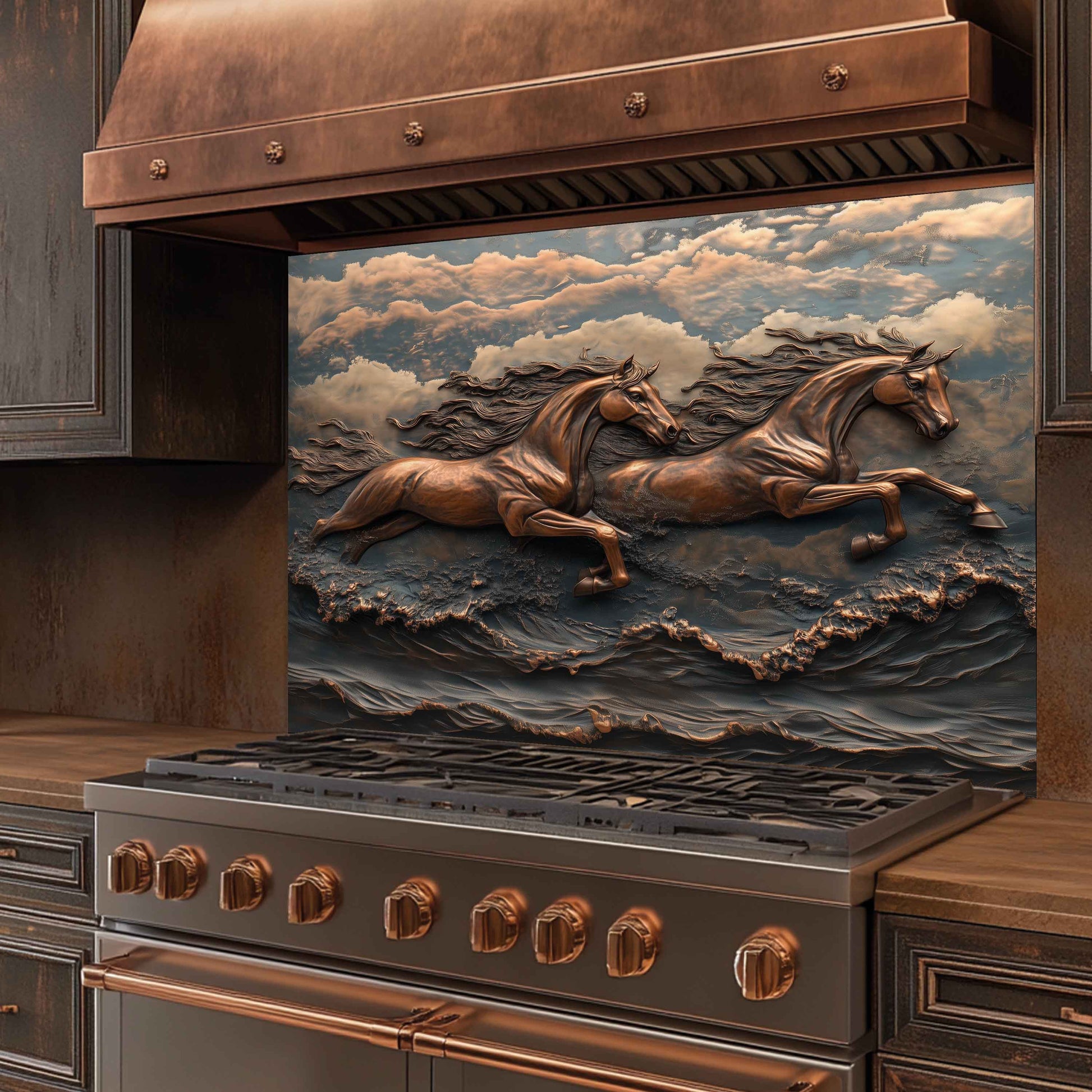 Stainless steel stove with copper accents and a decorative backsplash of running horses.