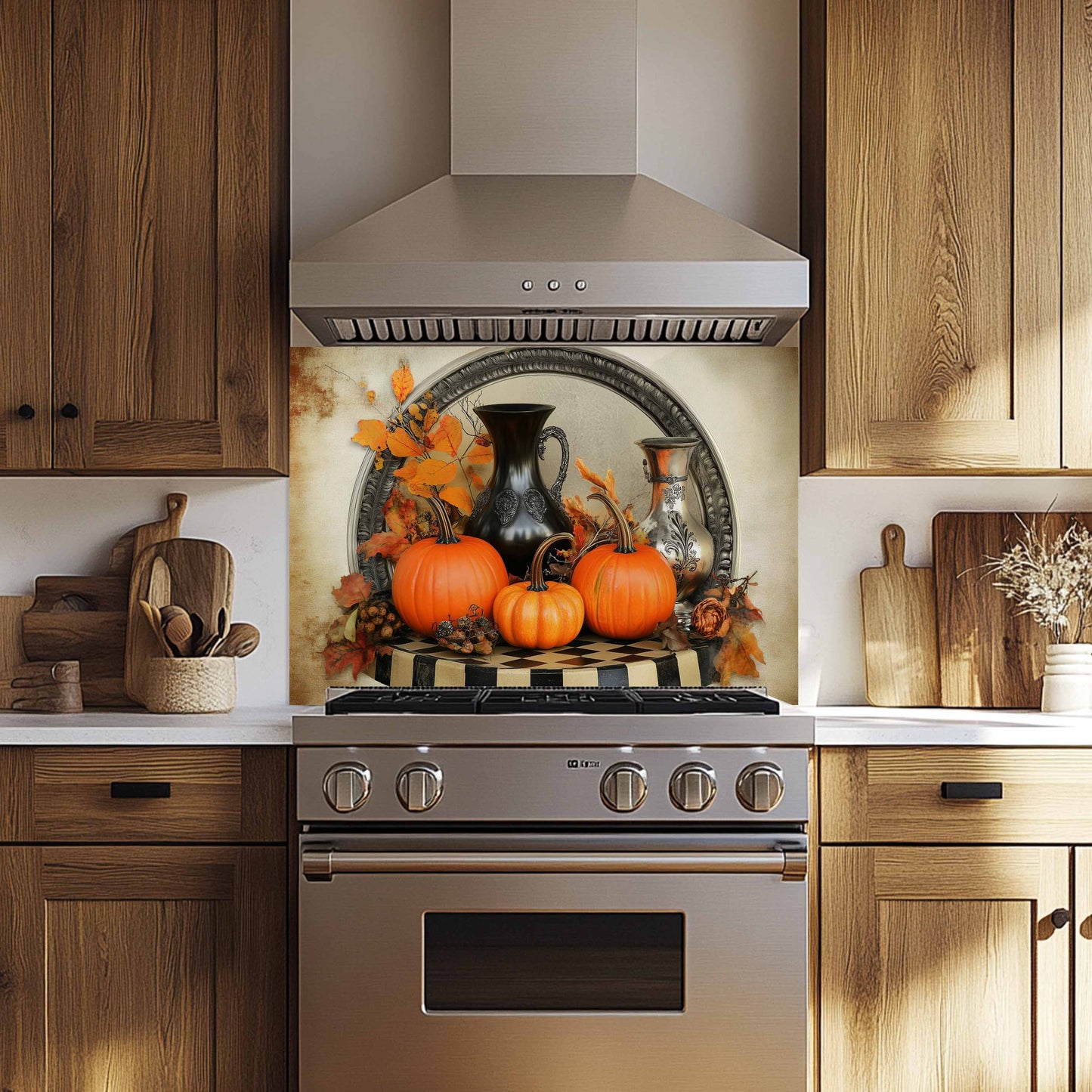 Kitchen with wooden cabinets, stainless steel stove, and decorative pumpkins on the wall.