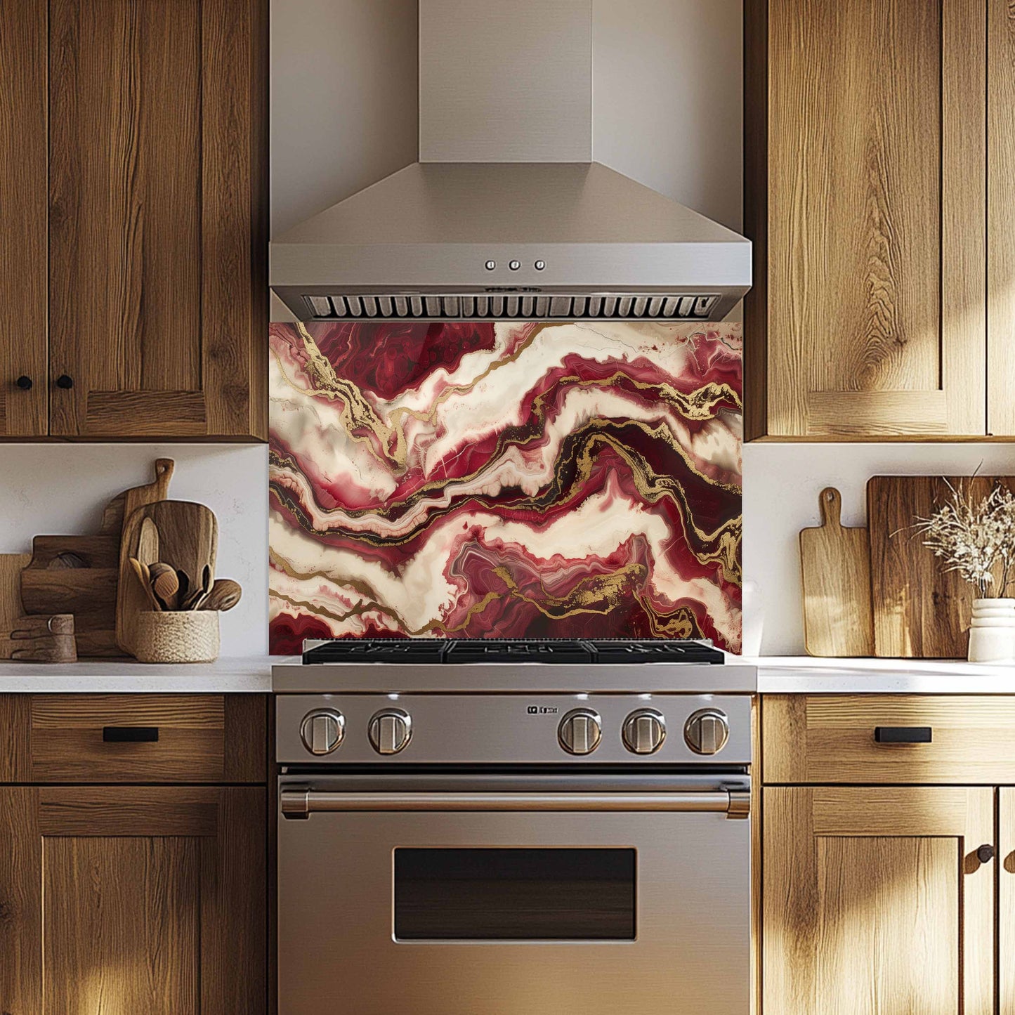 Kitchen with a decorative backsplash featuring a red and gold abstract pattern.