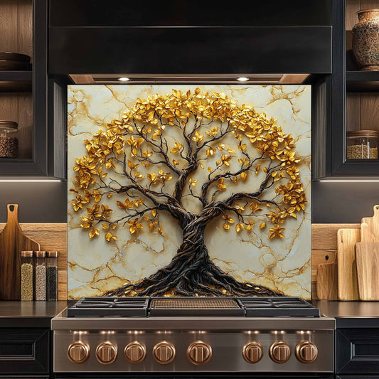 Decorative glass backsplash with a tree design on a kitchen stove