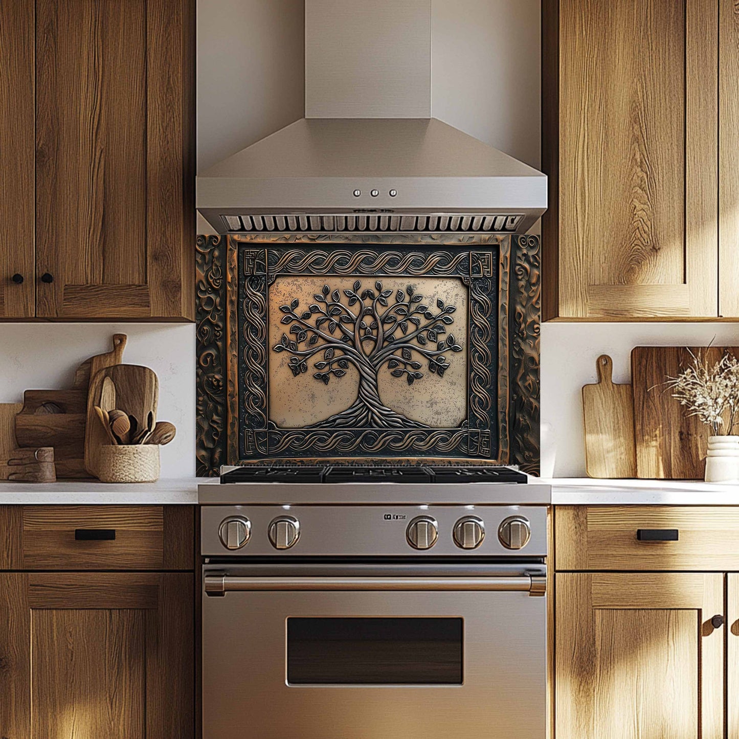 Stainless steel oven with decorative tile featuring a tree design in a kitchen setting.