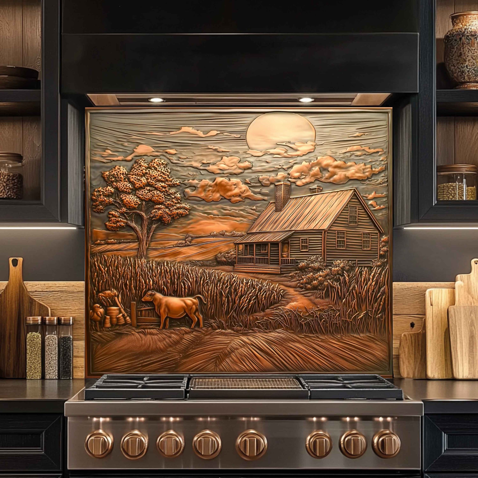 Stainless steel stove with decorative backsplash featuring a rustic landscape scene.