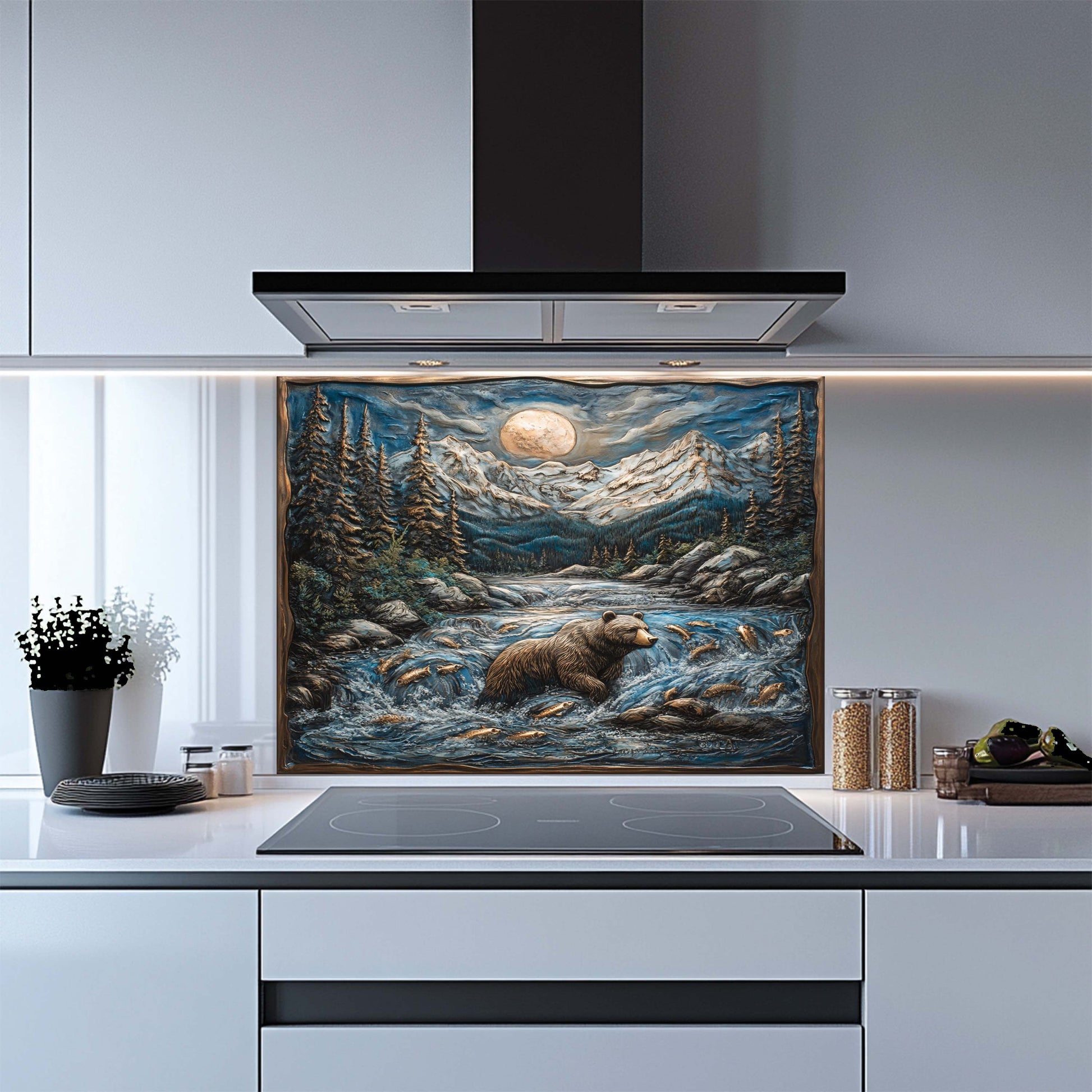 Kitchen with a tempered glass backsplash featuring a bear and mountain scene.