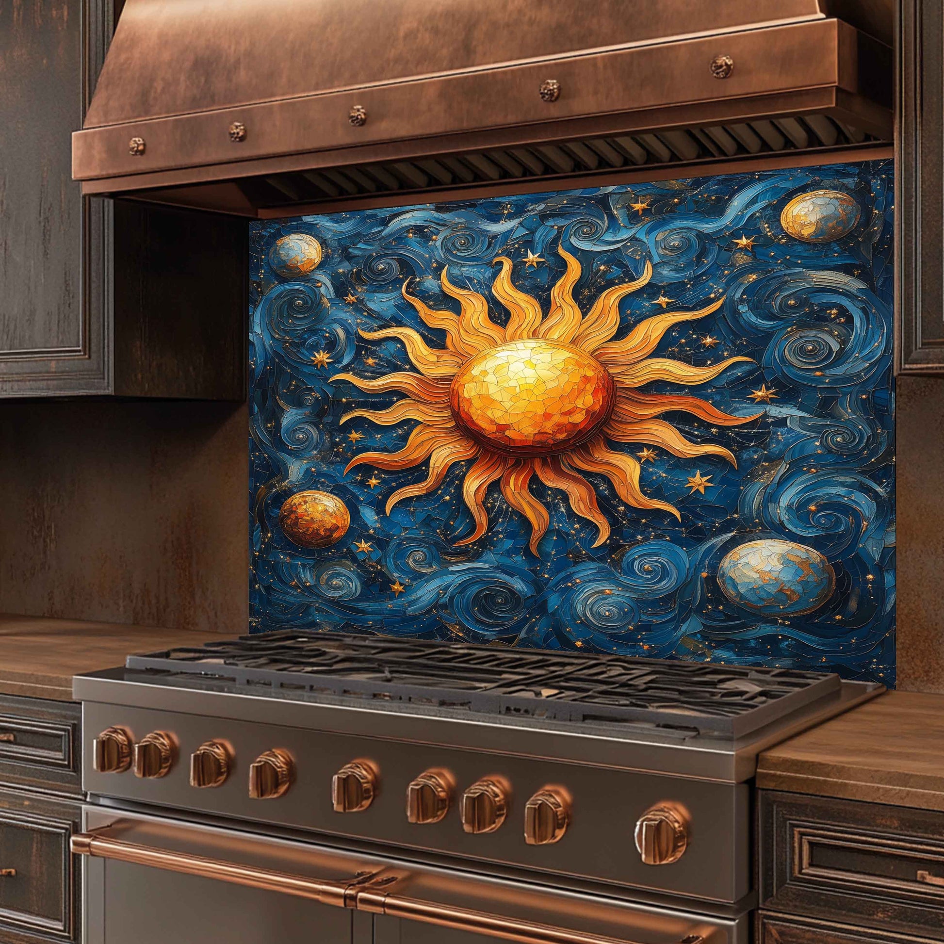 Decorative backsplash with celestial design above a stove in a kitchen.