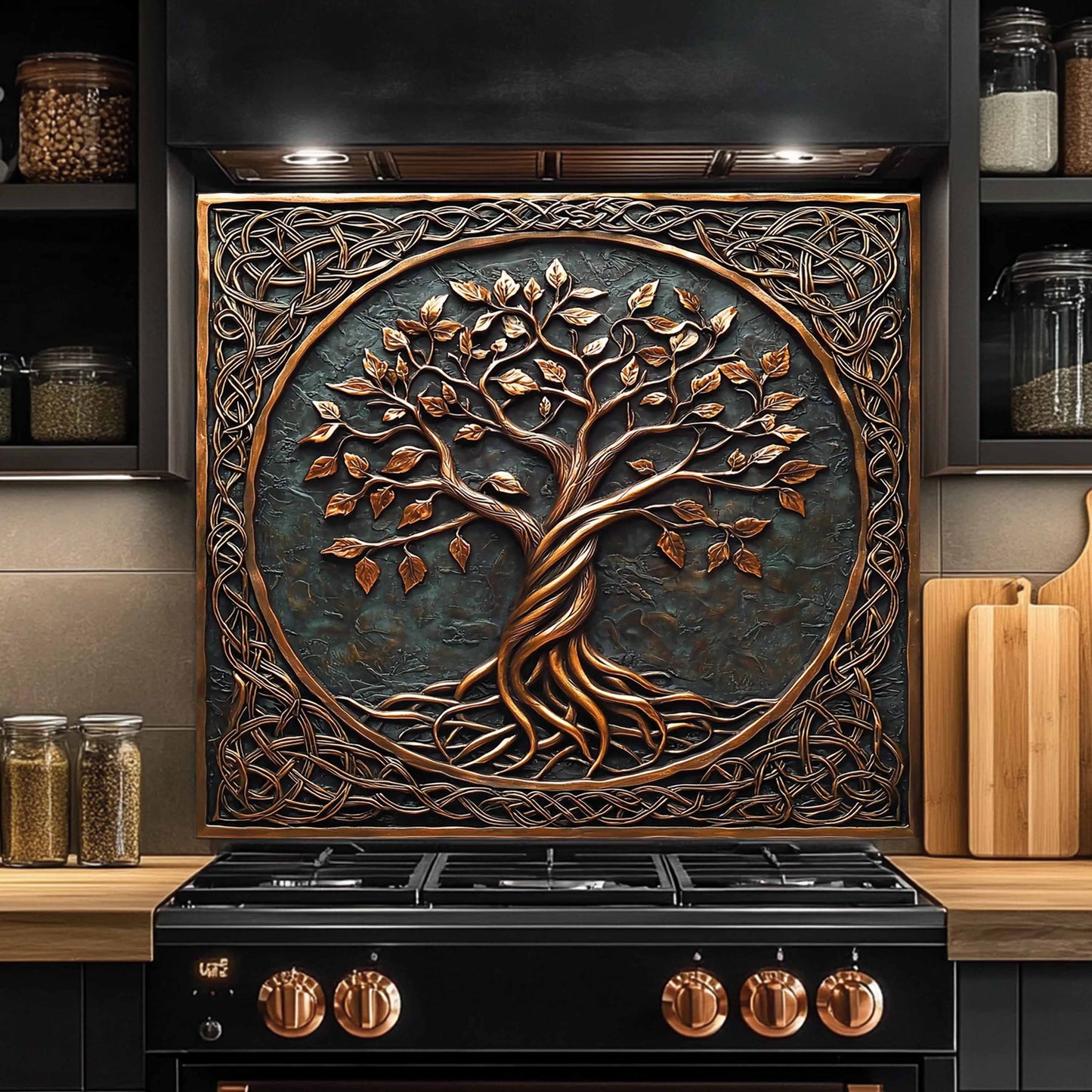 Decorative backsplash with a tree design above a stove in a kitchen.