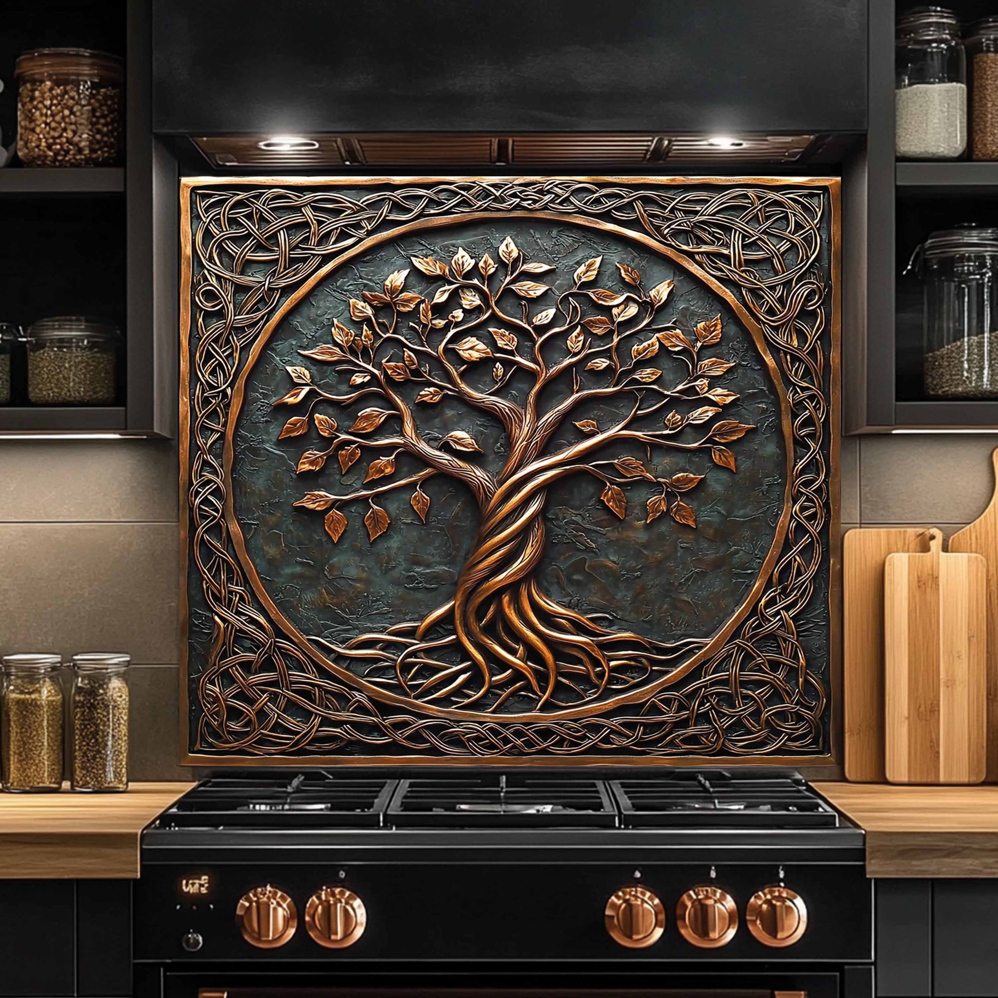 Decorative backsplash with a tree design above a stove in a kitchen.