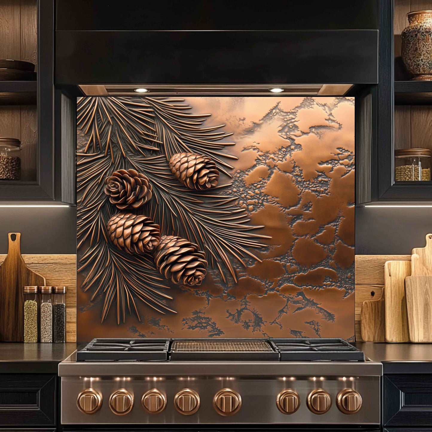 Stainless steel stove with decorative backsplash featuring pine cones and leaves.