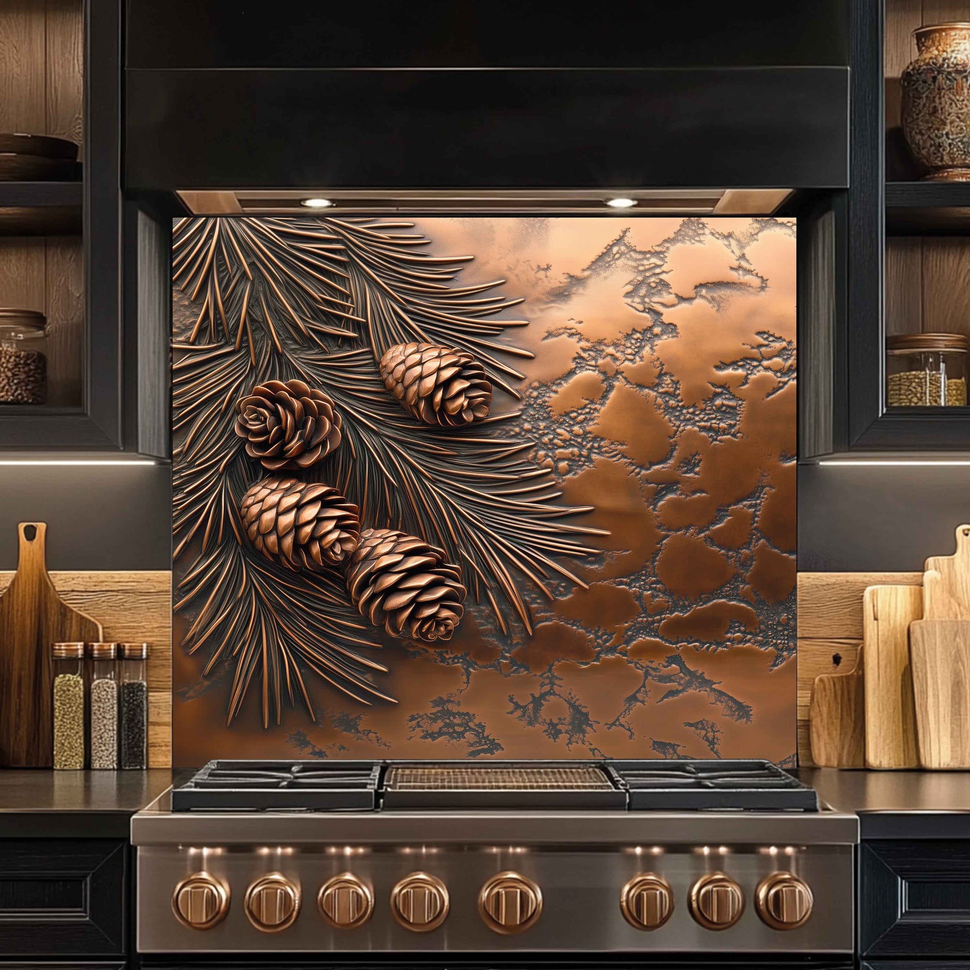 Stainless steel stove with decorative backsplash featuring pine cones and leaves.