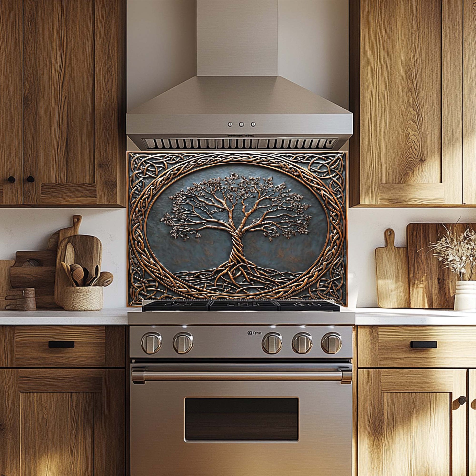Decorative glass backsplash with tree design above a stainless steel oven in a kitchen.