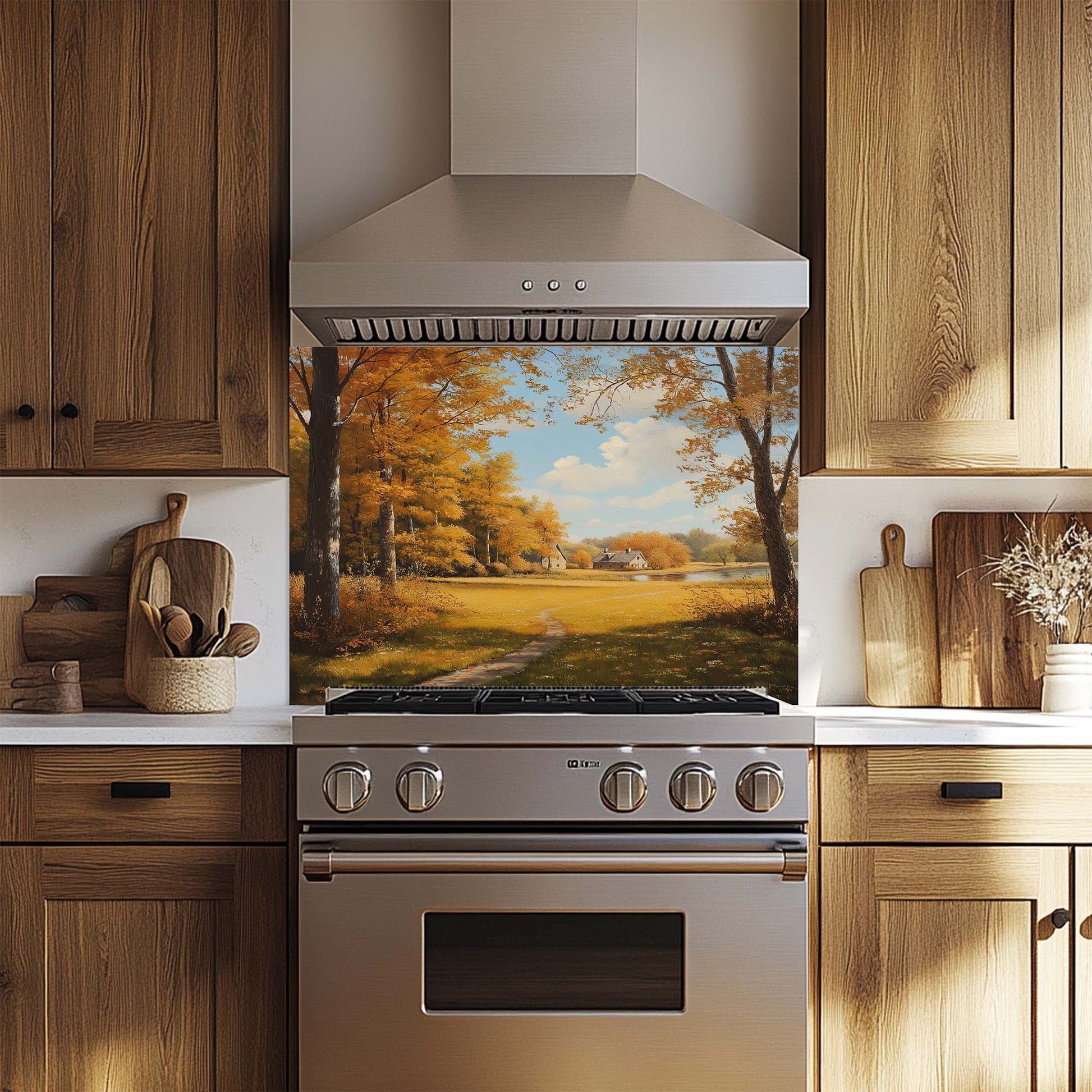 Golden forest landscape with cottage printed on tempered glass backsplash. Perfect for cozy fall-inspired kitchens.
