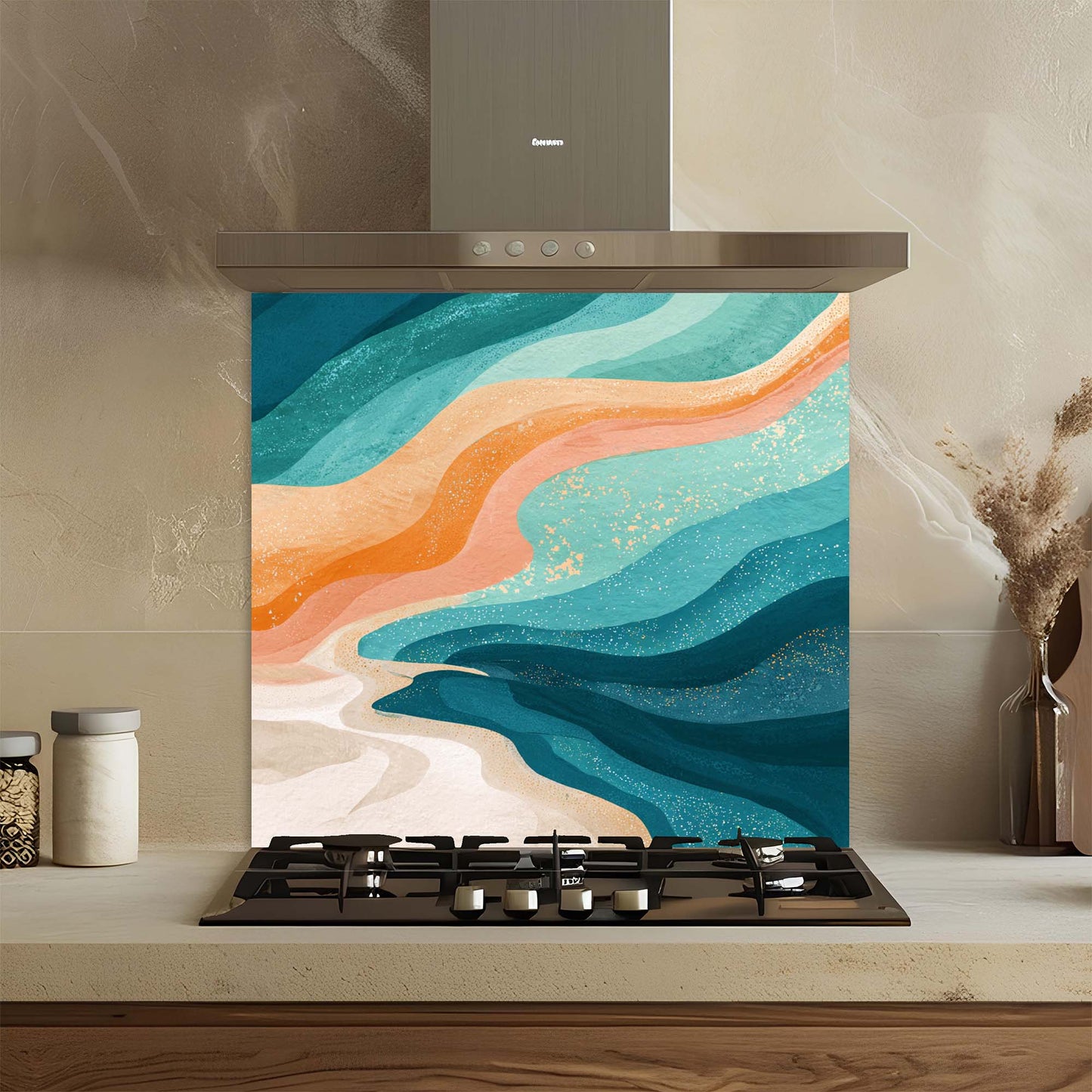 Kitchen with a gas stove and a decorative glass splashback featuring wavy blue and orange patterns.