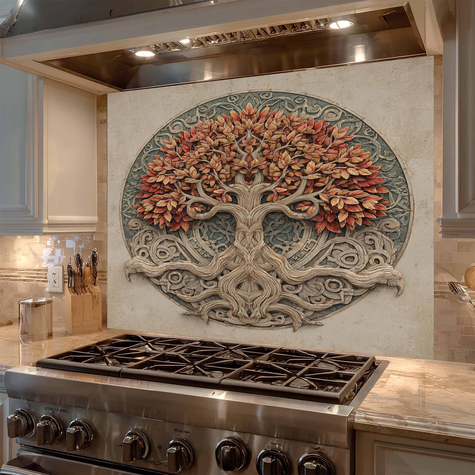Decorative backsplash of a tree with autumn leaves above a stove in a kitchen.