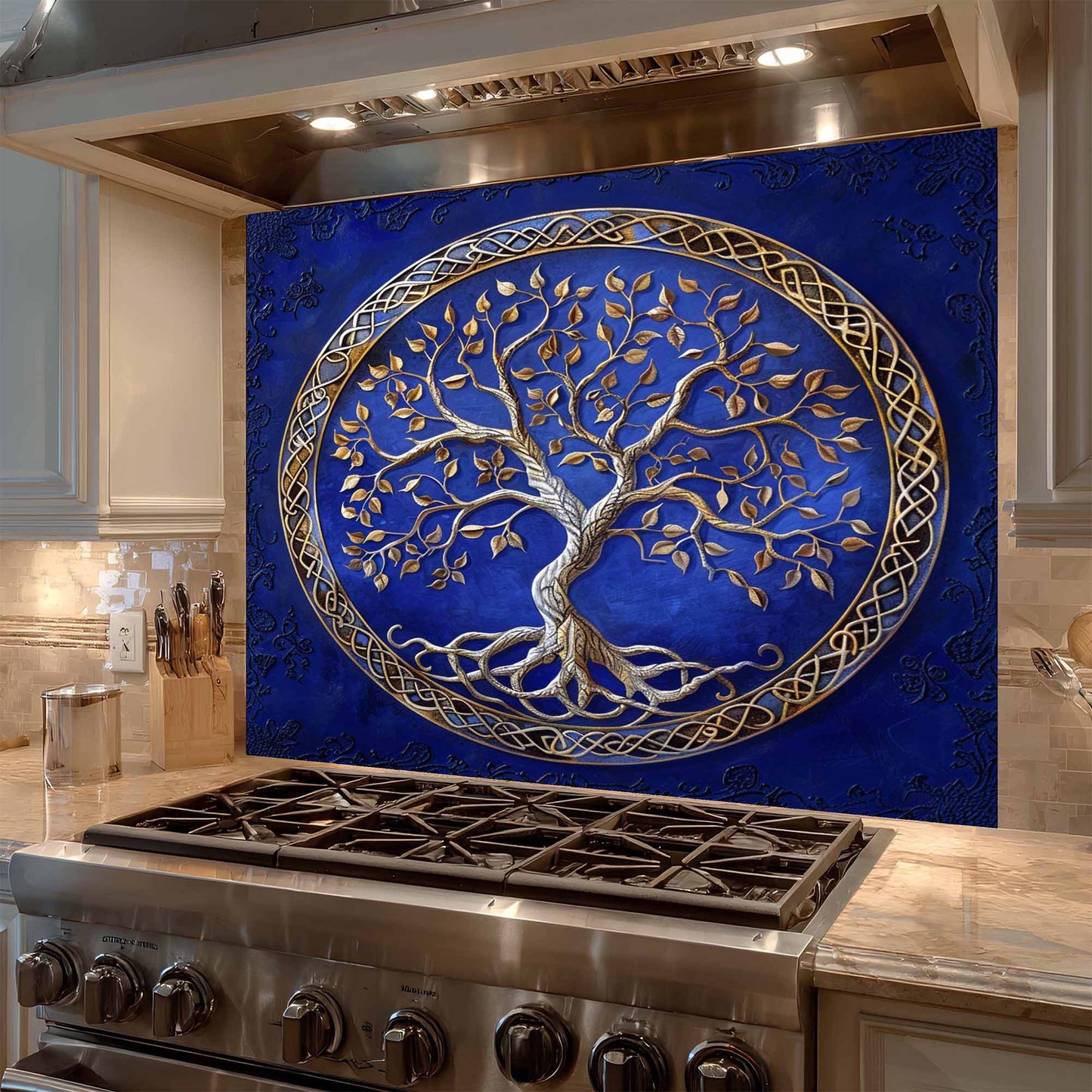 Decorative tempered glass backsplash with a tree of life design on a blue background above a stove in a kitchen.