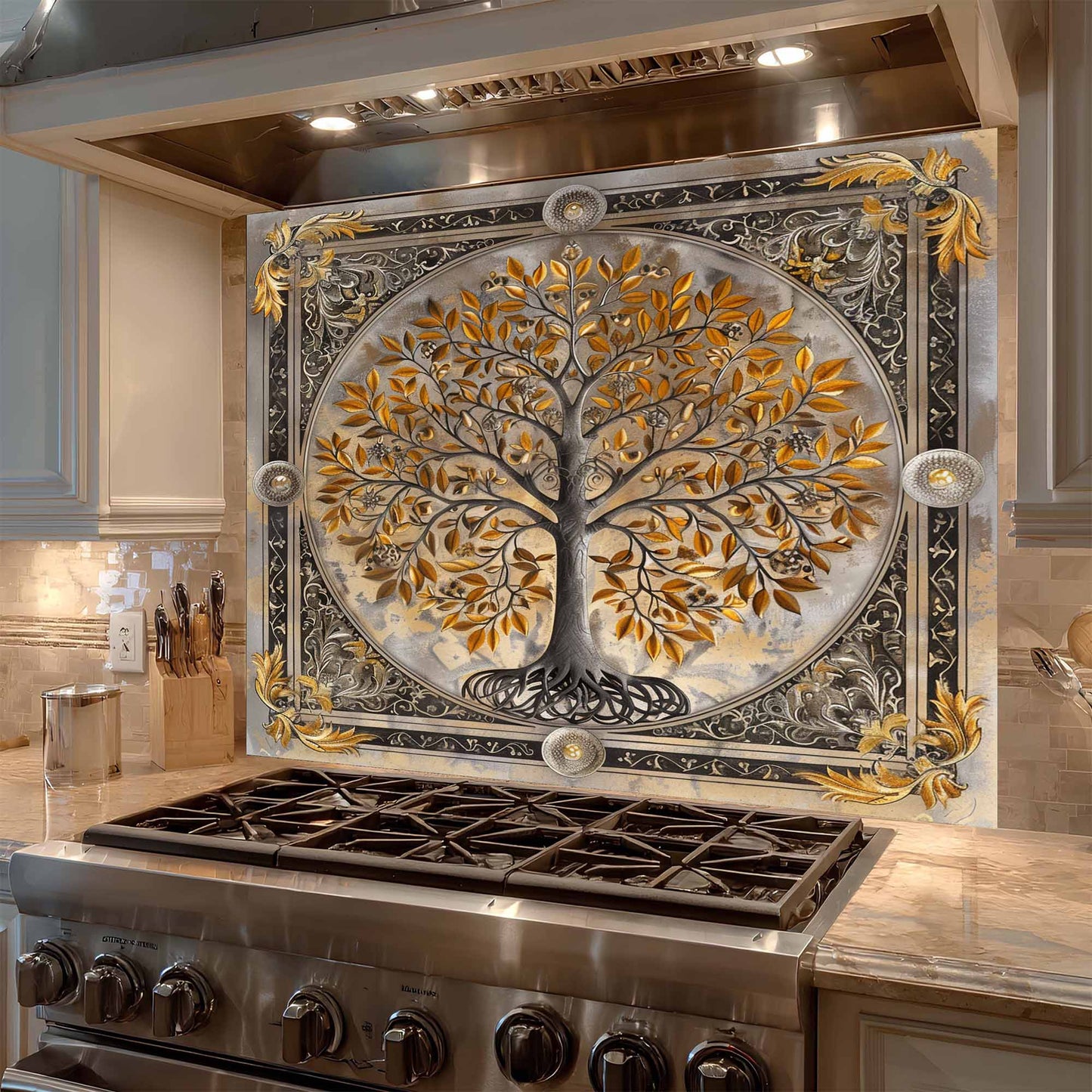 Decorative backsplash with a tree design above a stove in a kitchen.