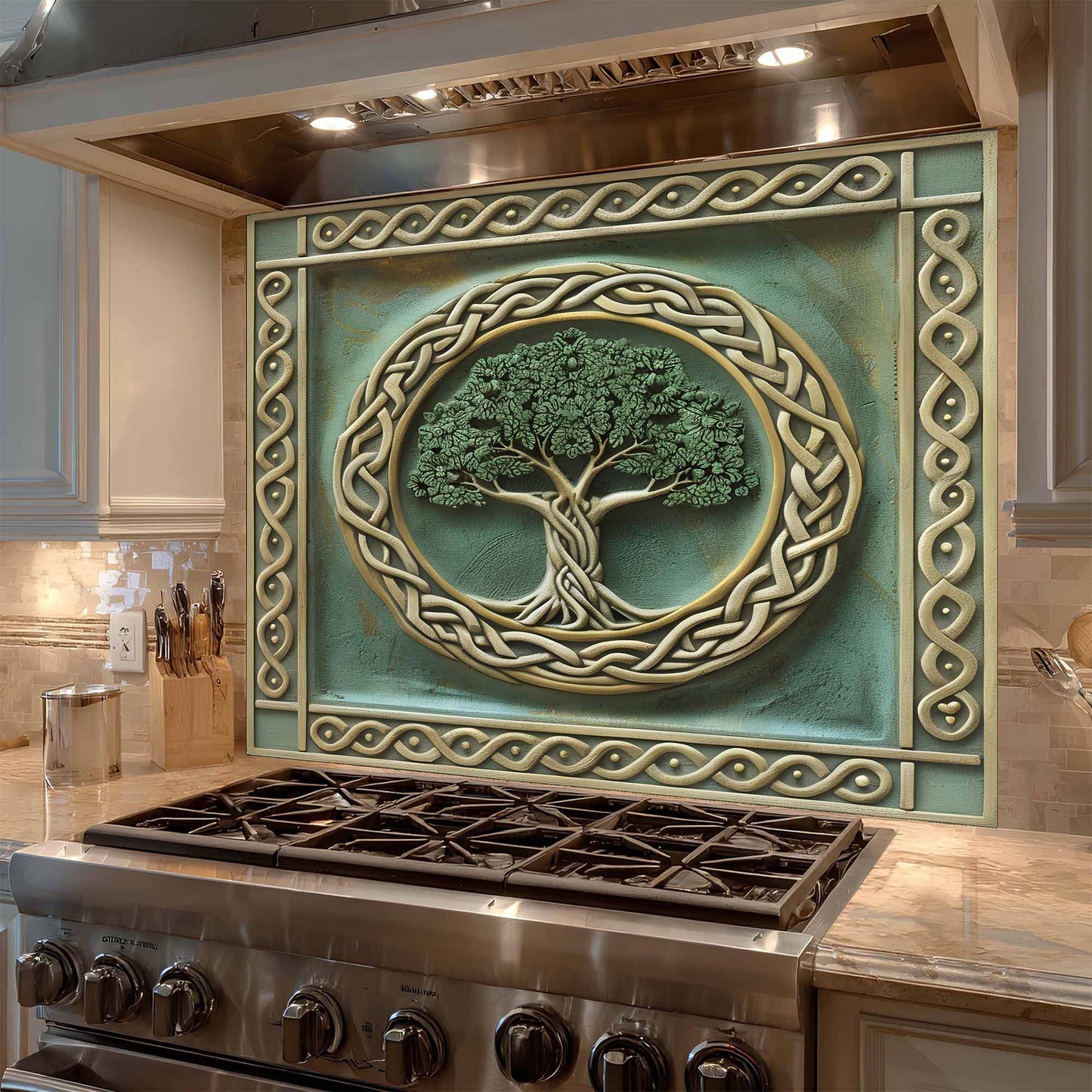 Decorative backsplash with tree design above a stove in a kitchen.