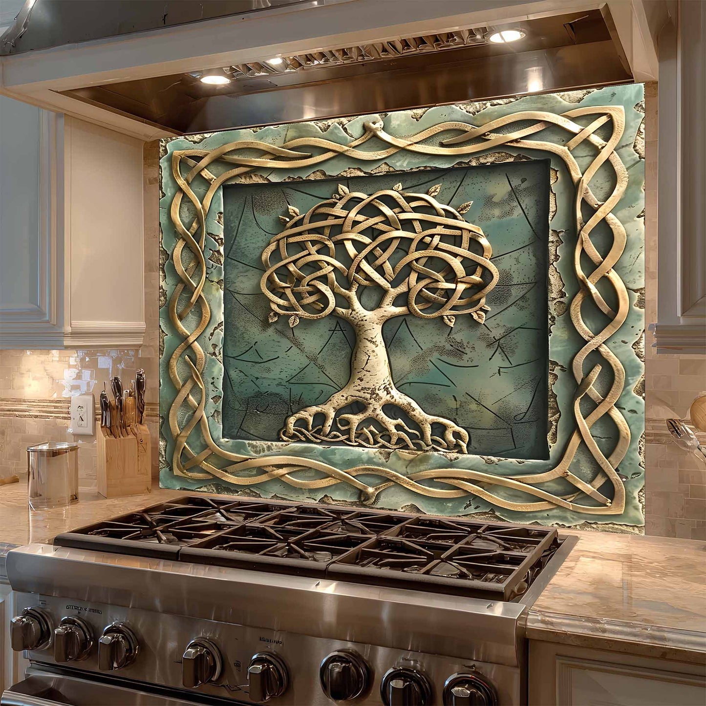 Decorative backsplash with a tree design above a stove in a kitchen.