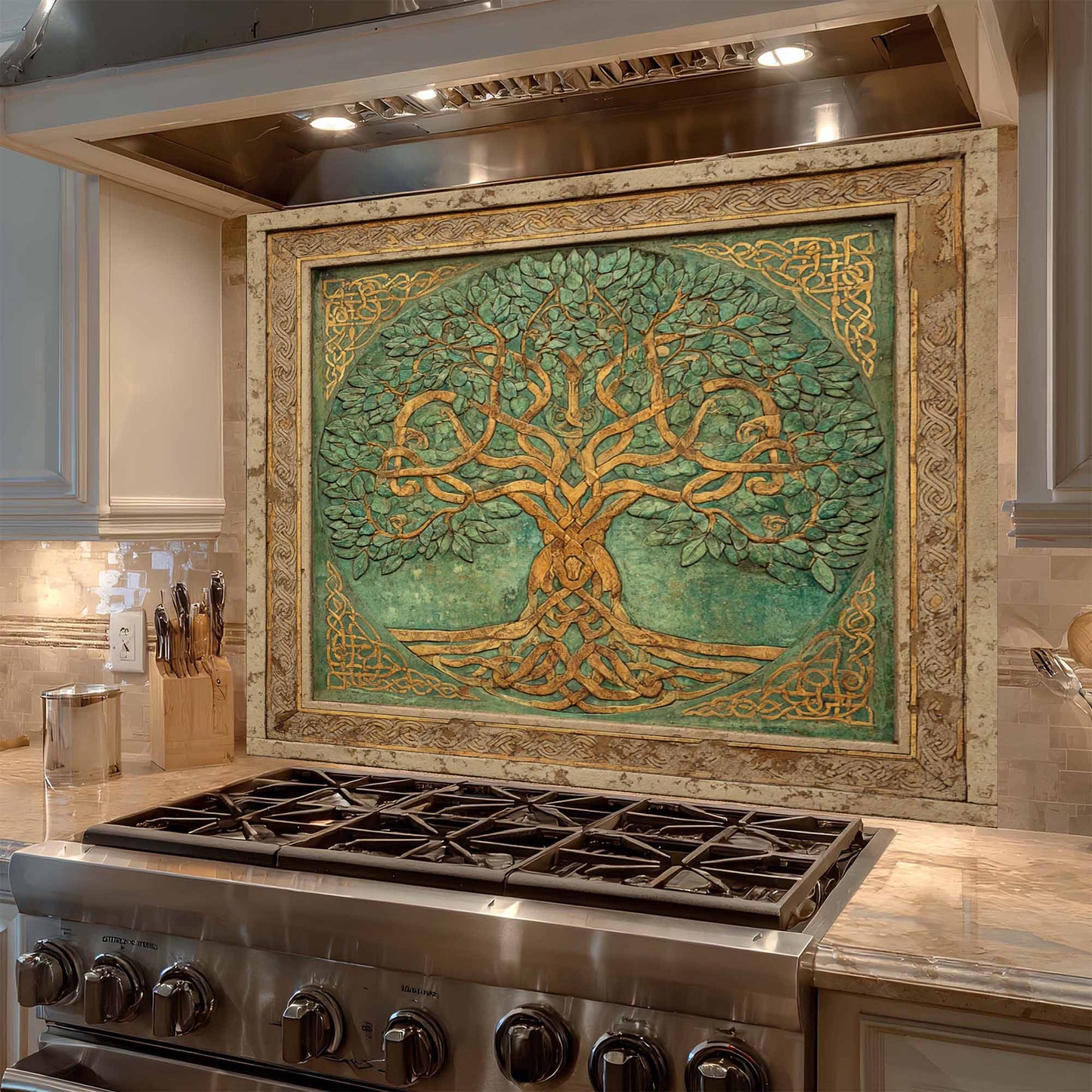 Decorative backsplash of a tree with intricate designs above a stove in a kitchen.