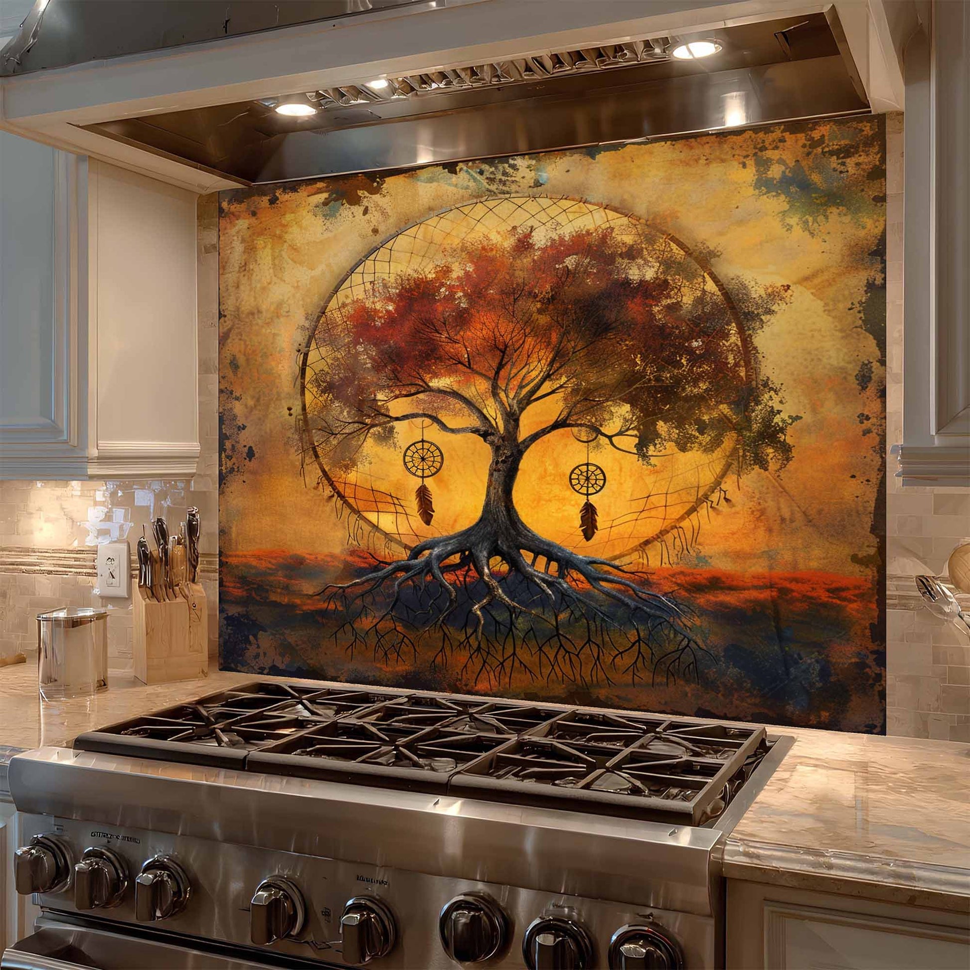 Kitchen with a decorative backsplash of a tree with roots and branches, featuring dreamcatchers.