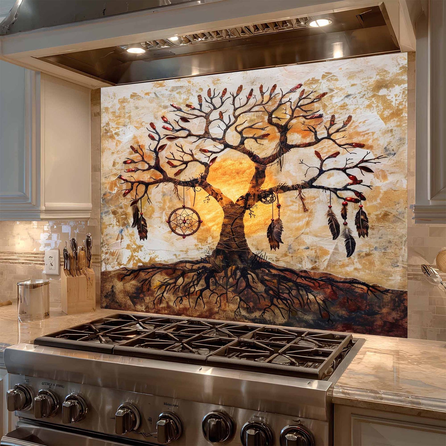 Kitchen with a decorative glass splashback featuring a tree design.