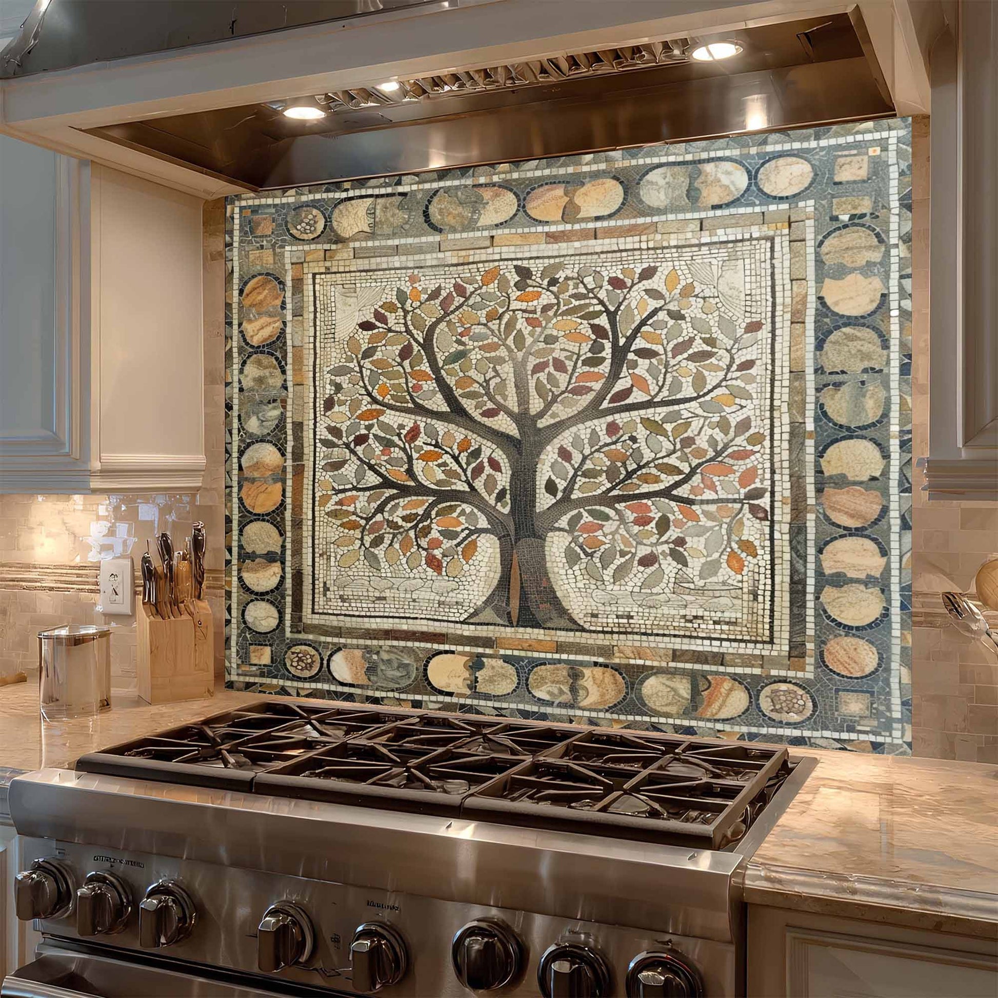 Kitchen stove with decorative mosaic backsplash featuring a tree design.