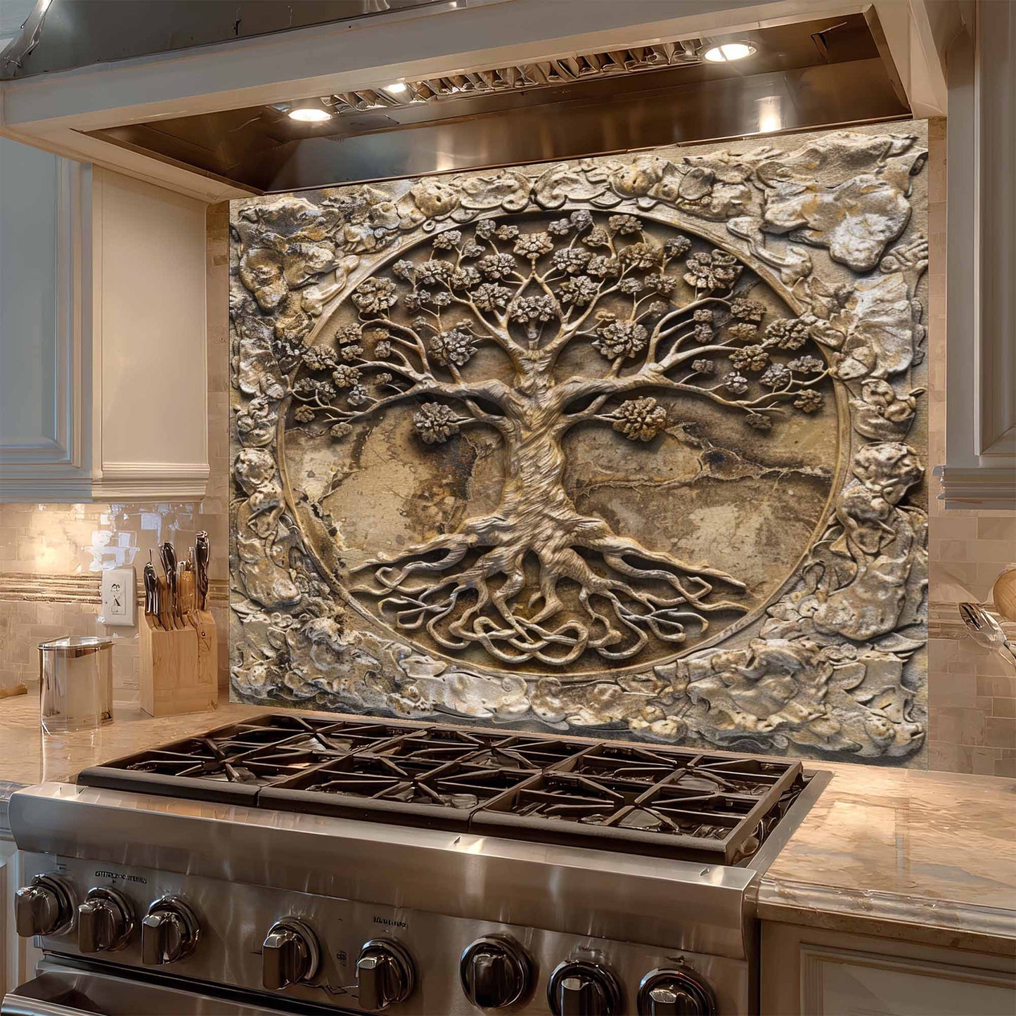 Decorative backsplash with a tree design above a stove in a kitchen.