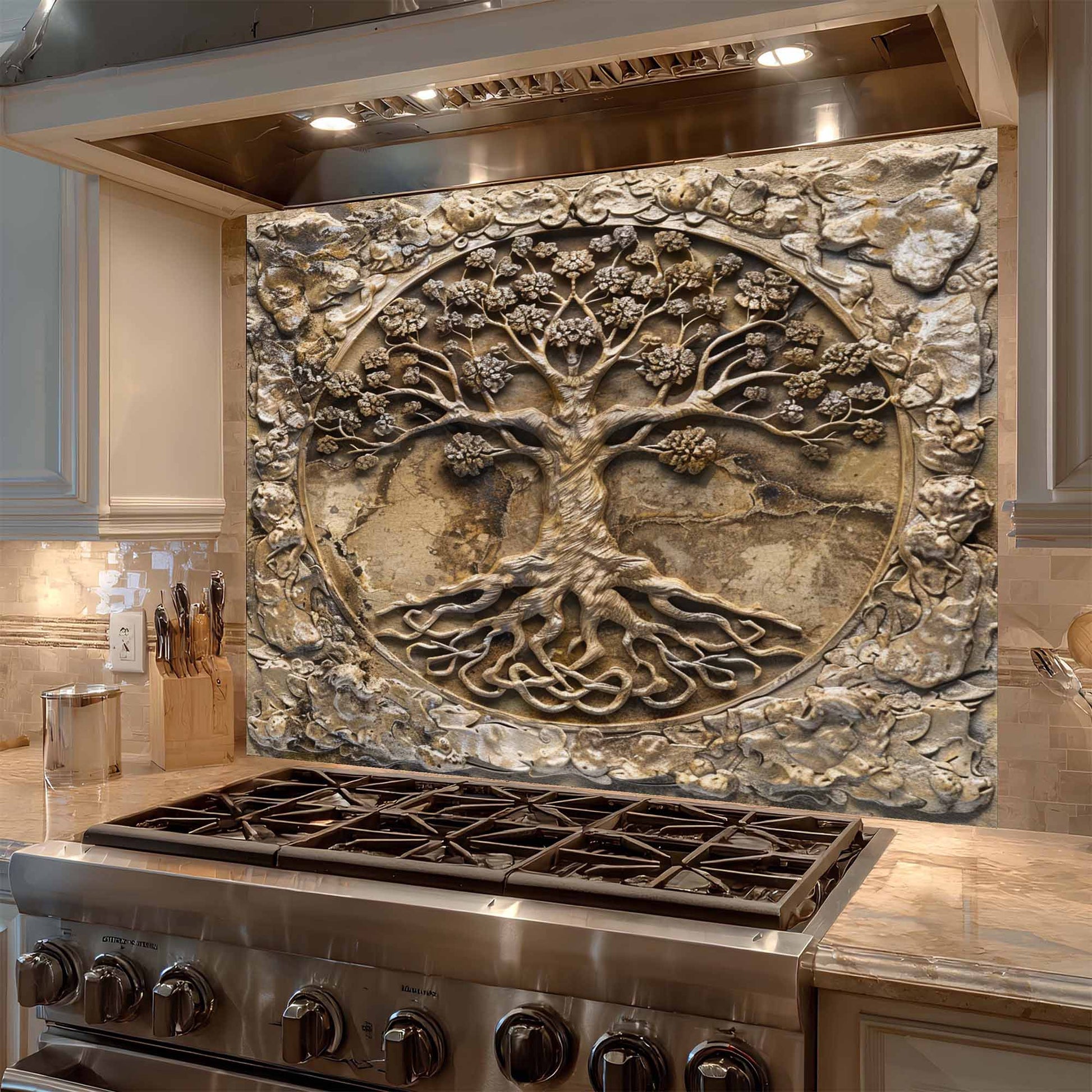 Decorative backsplash with a tree design above a stove in a kitchen.