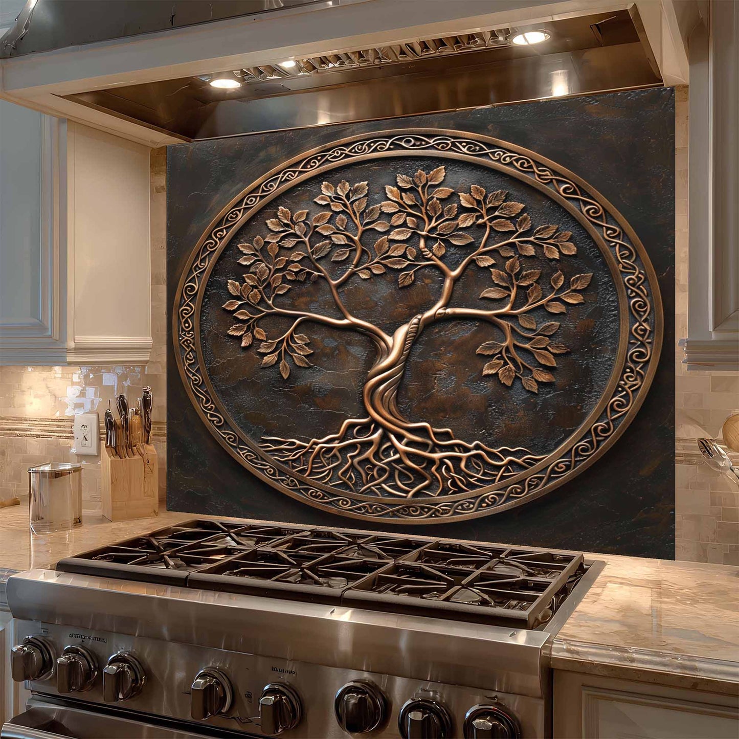 Decorative backsplash with a tree design above a stove in a kitchen.