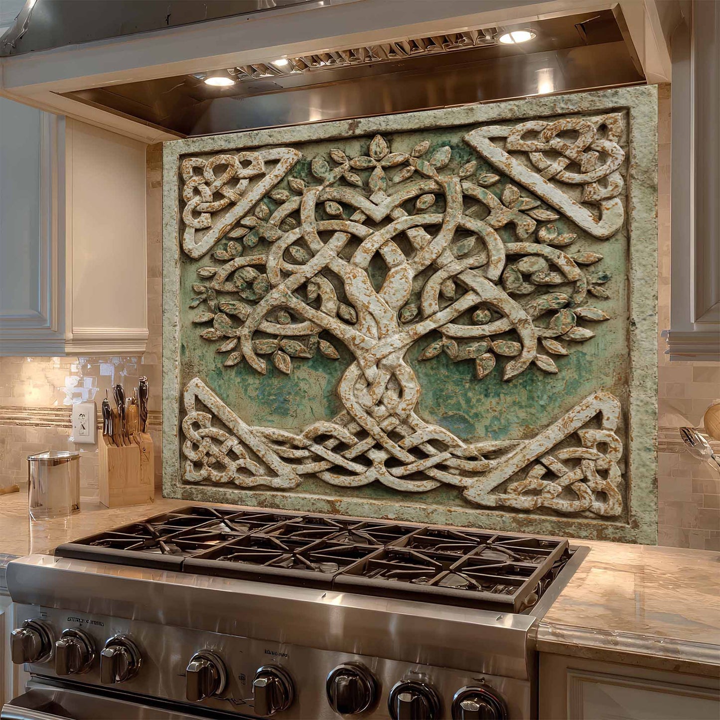 Decorative backsplash with tree design above a stove in a kitchen
