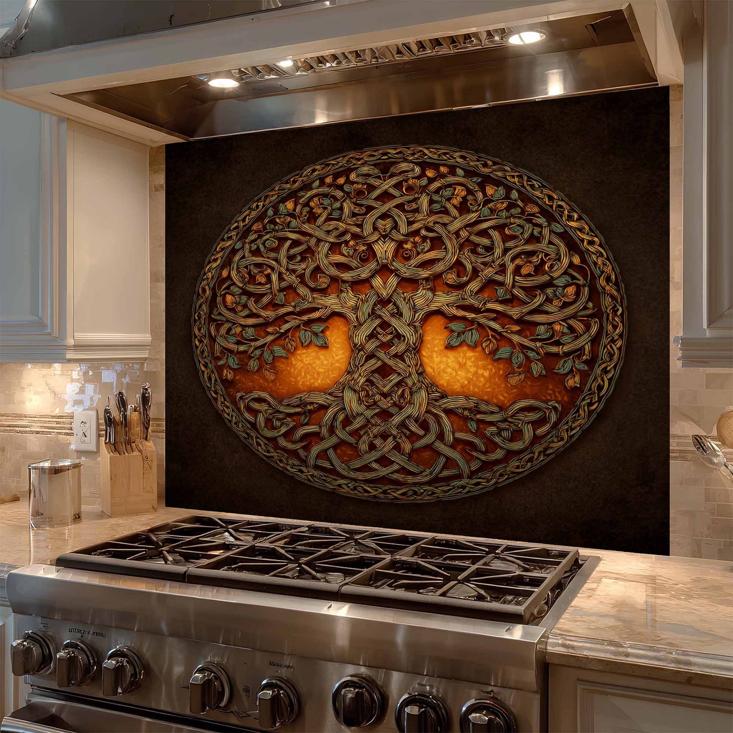 Decorative backsplash above a stove in a kitchen
