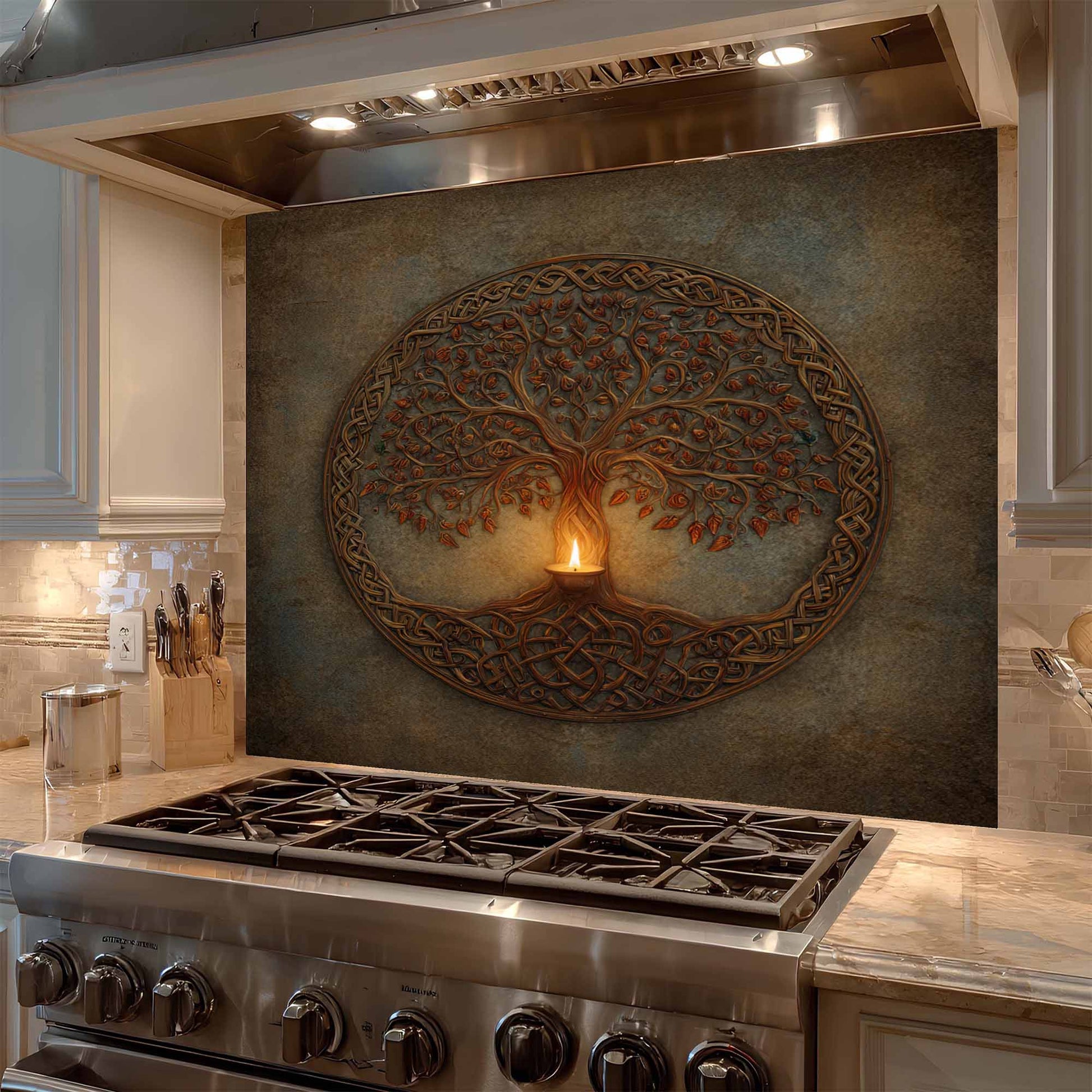 Decorative backsplash of a tree with roots and branches above a stove in a kitchen.