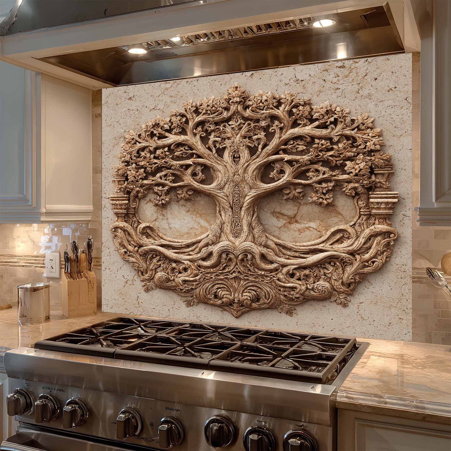 Decorative backsplash of a tree with roots above a stove in a kitchen.