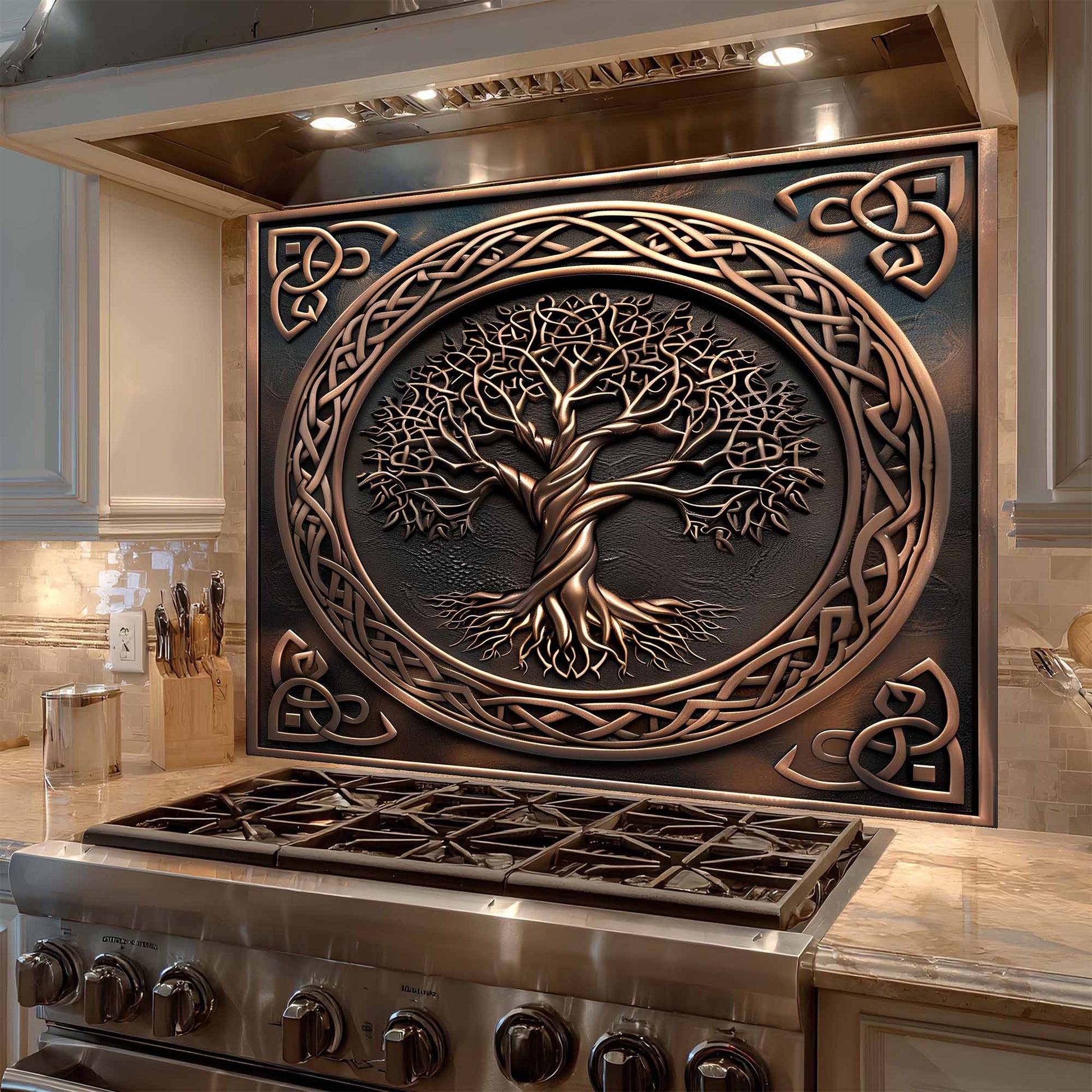 Tempered glass backsplash with tree design above a stove in a kitchen.