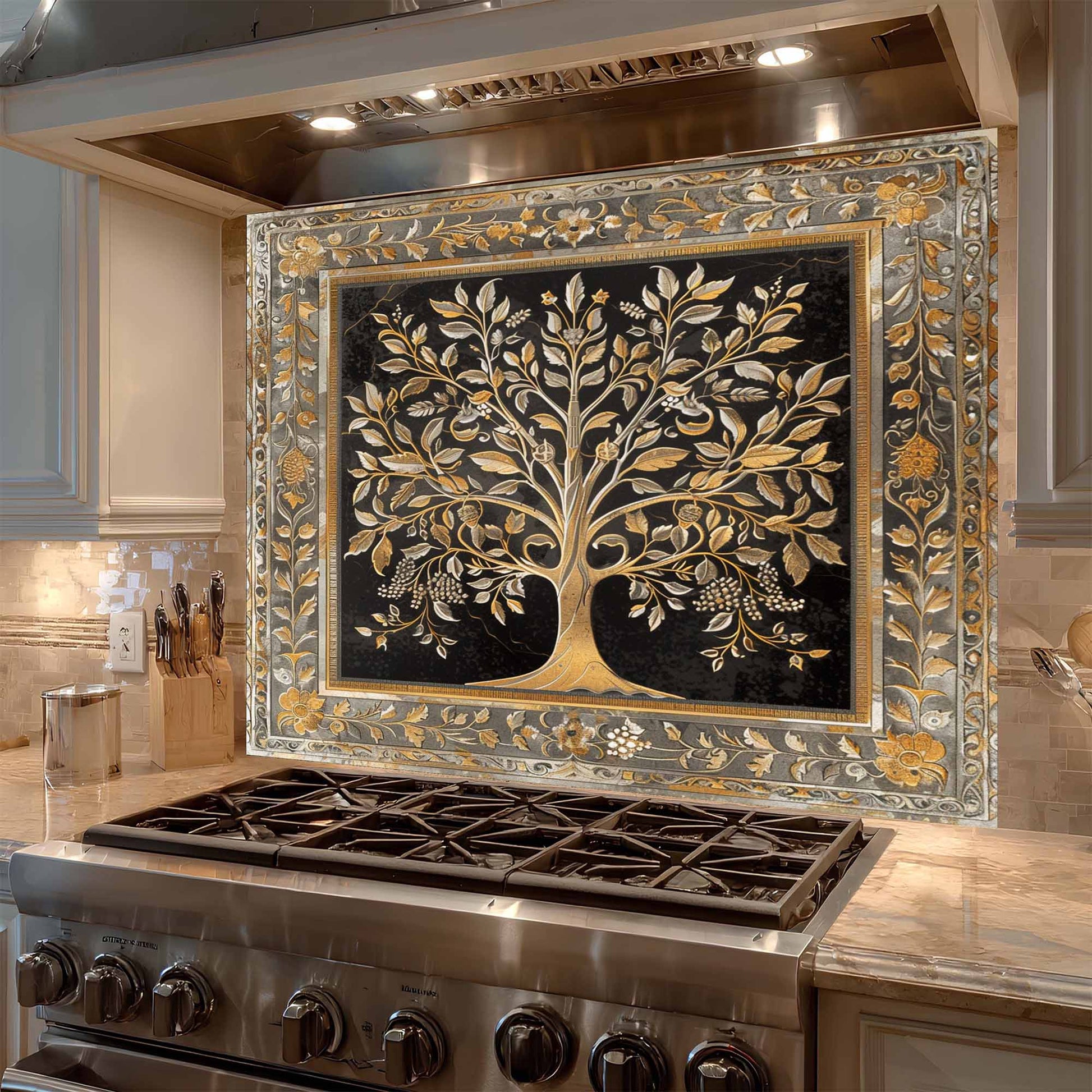 Decorative backsplash with tree design above a stove in a kitchen.