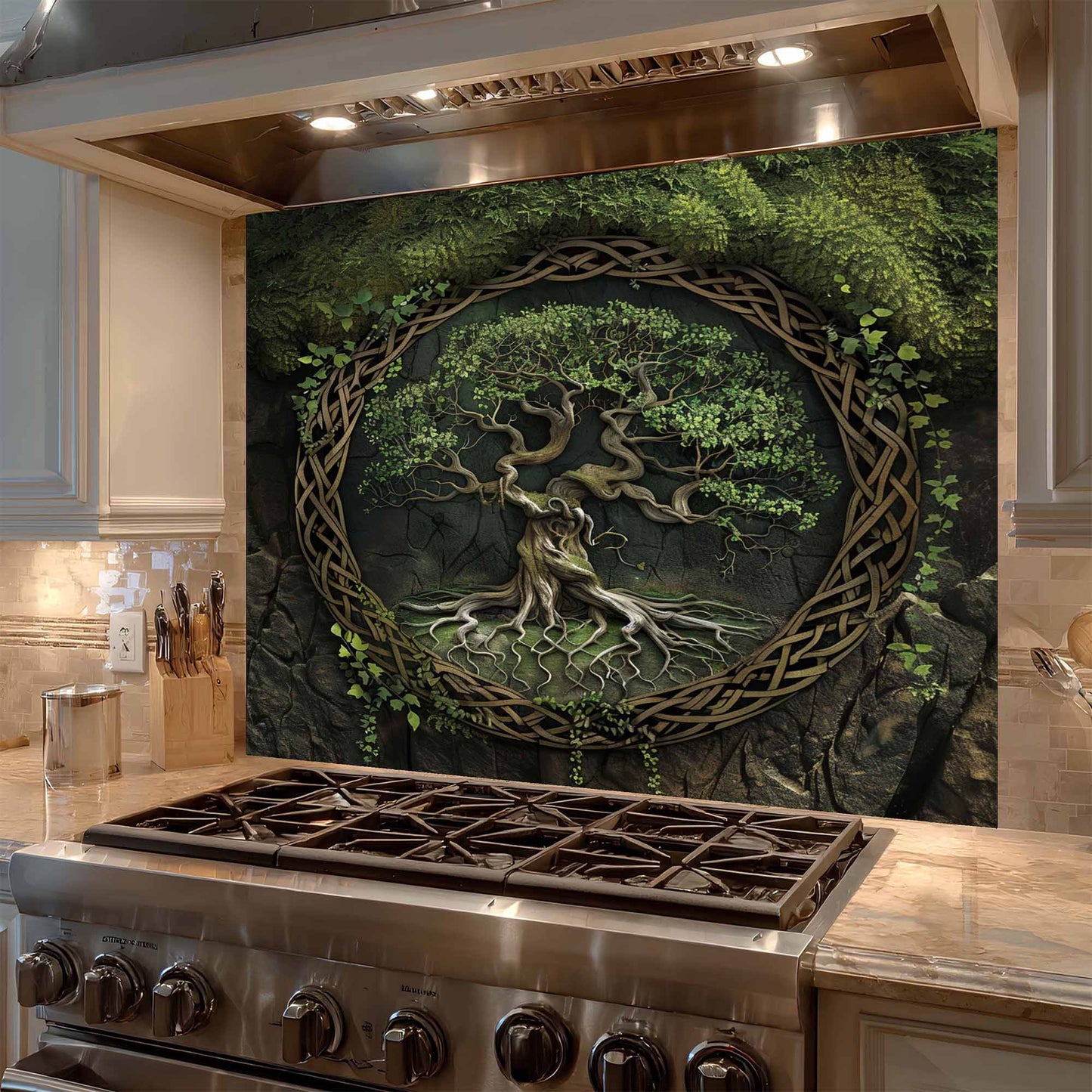 Decorative backsplash with tree design in a kitchen