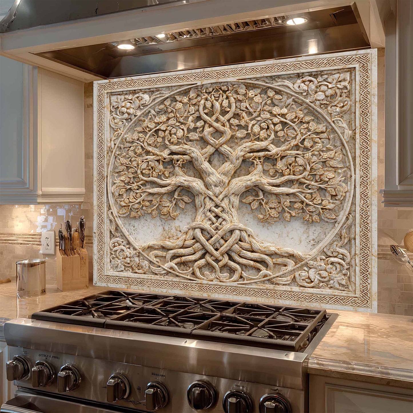 Decorative glass backsplash with tree design above a stove in a kitchen.