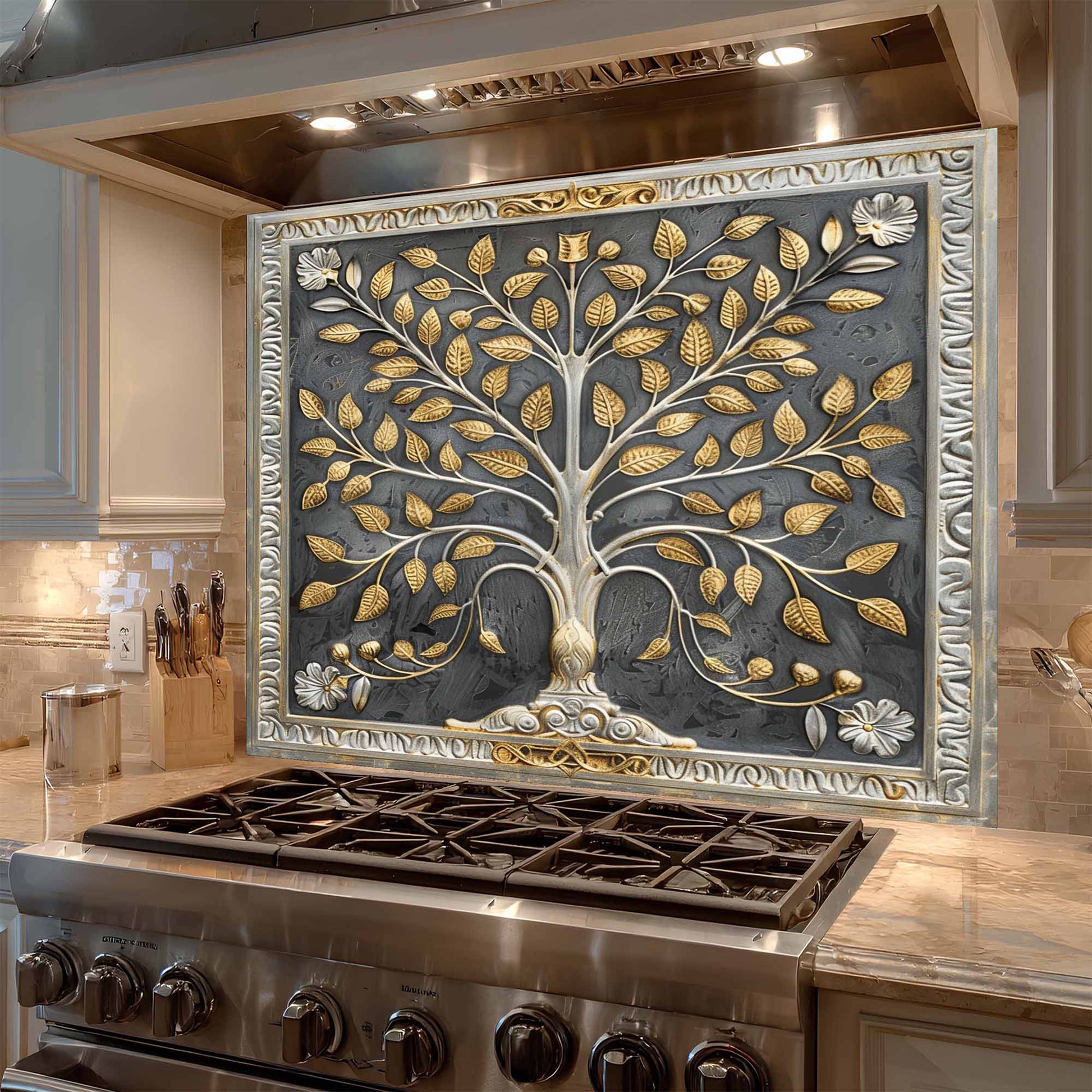 Decorative backsplash with tree design above a stove in a kitchen.