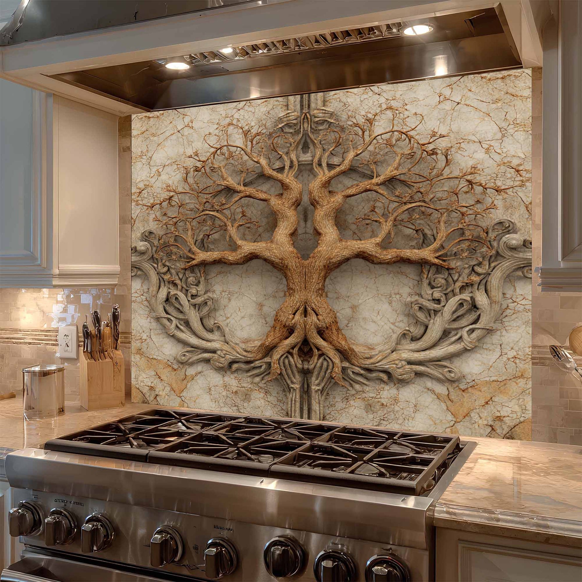 Decorative backsplash with tree design above a stove in a kitchen.
