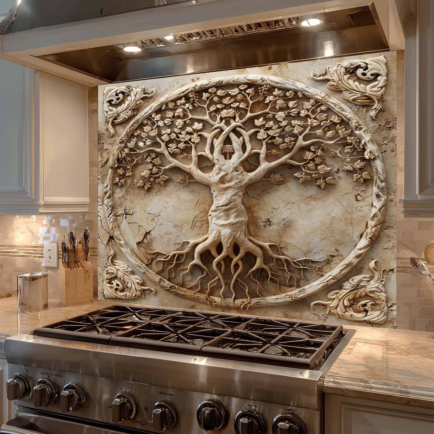 Decorative glass backsplash of a tree above a stove in a kitchen.