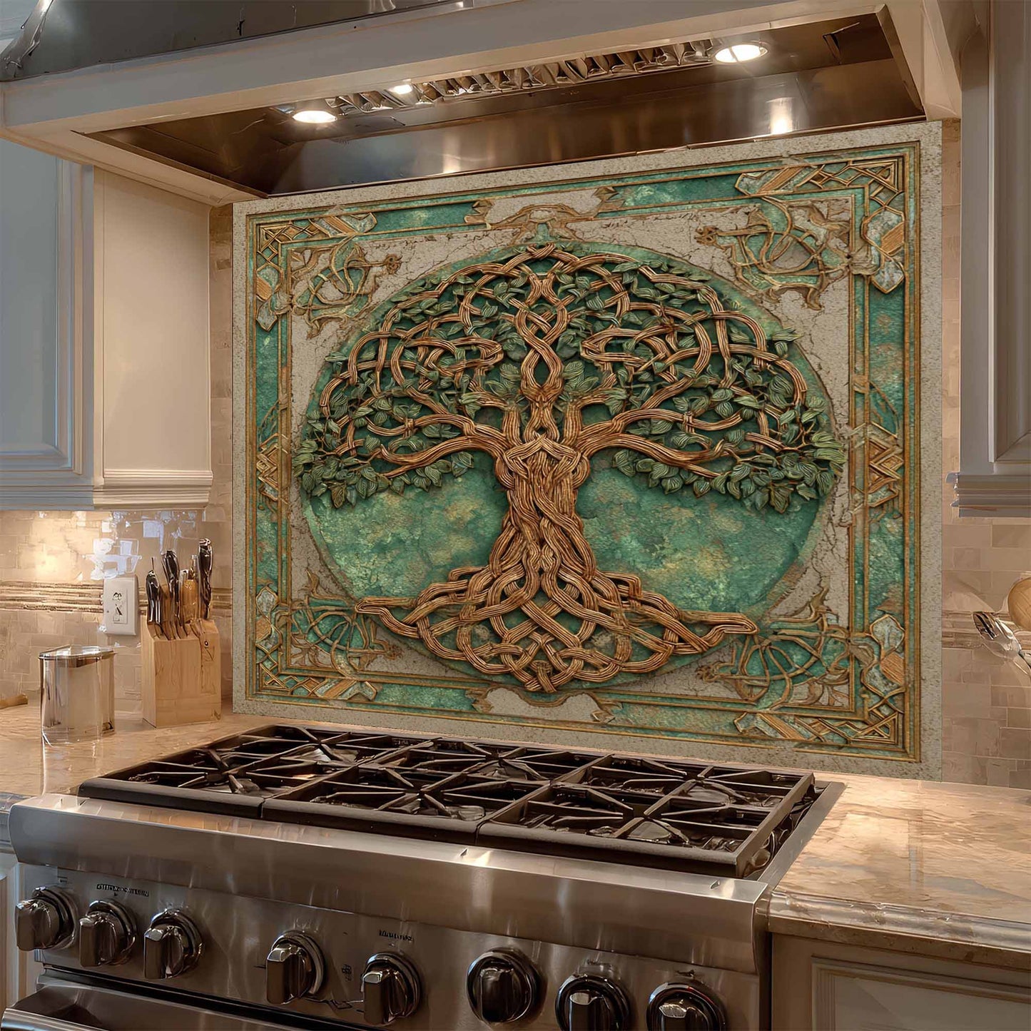 Decorative backsplash with a tree design above a stove in a kitchen.