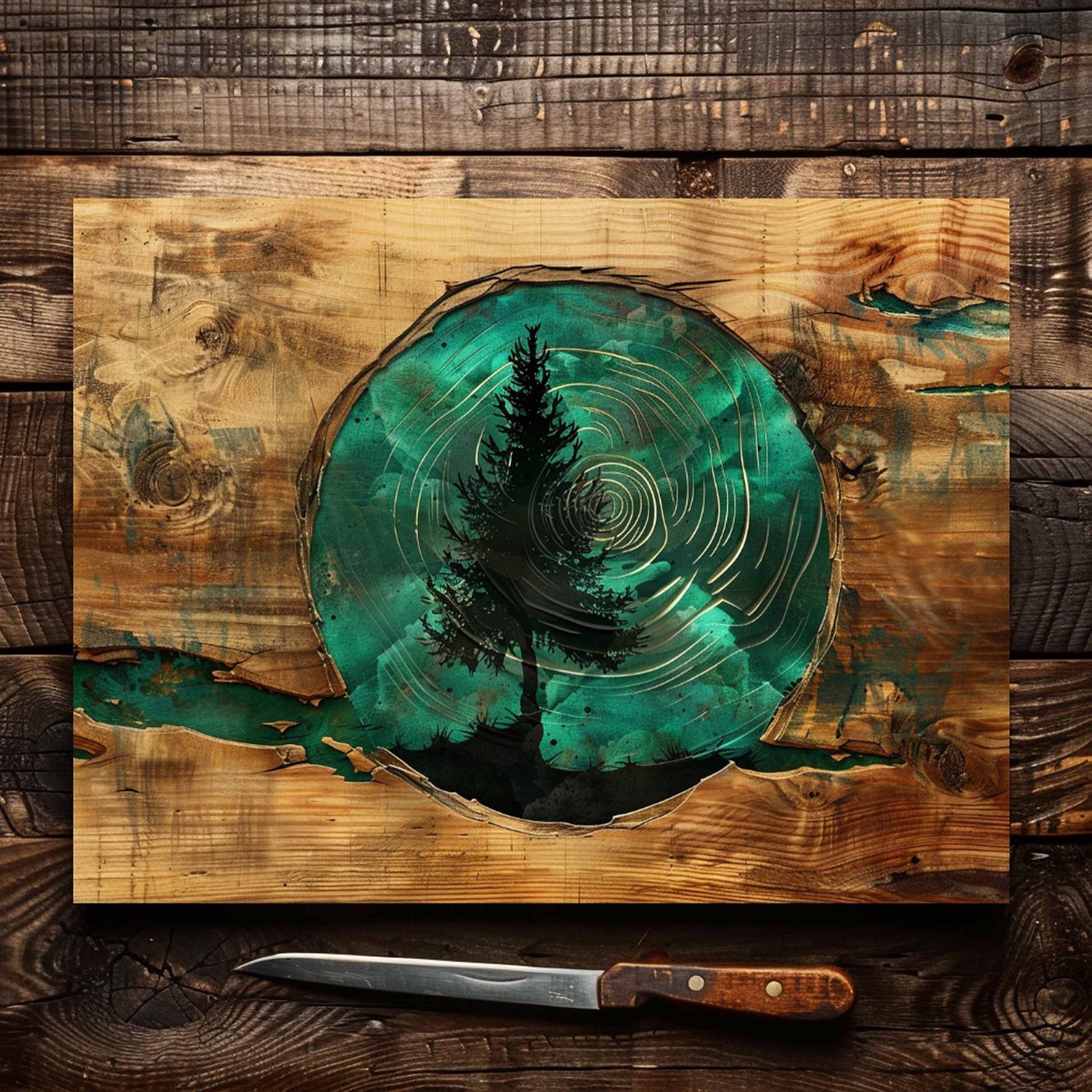 kitchen cutting board with teal resin design and tree silhouette, knife on wooden surface