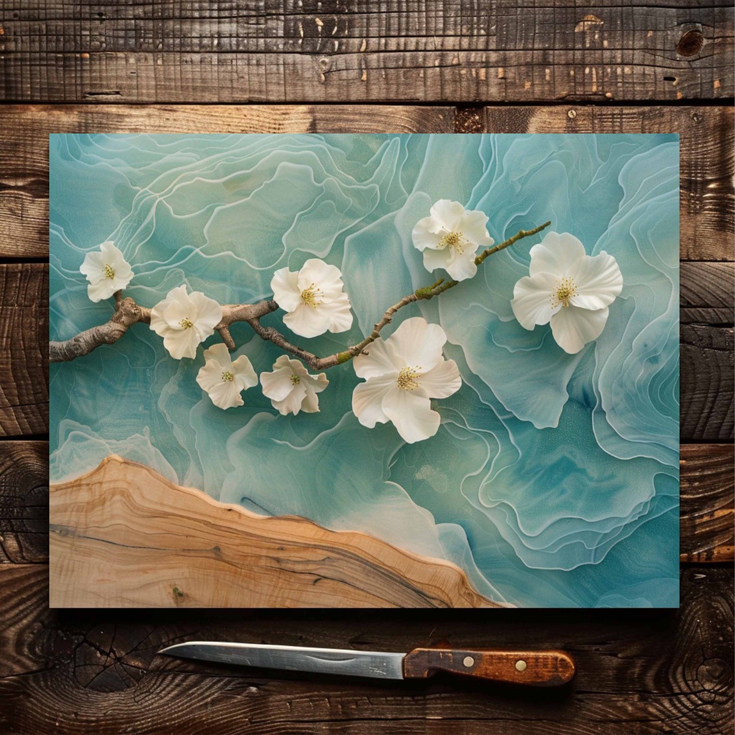 Artistic depiction of white flowers on a branch with a blue abstract background tempered glass backsplash, displayed on a wooden surface.