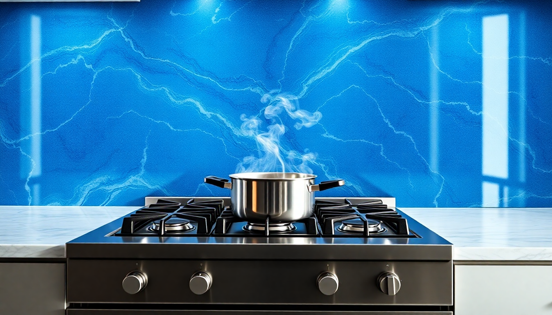Modern kitchen with blue marbled tempered glass backsplash installed behind stainless steel gas stove protecting wall from heat and grease