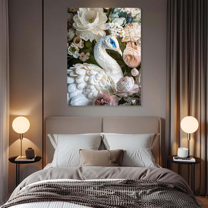 Bedroom with a large painting of a peacock surrounded by flowers on the wall above the bed.